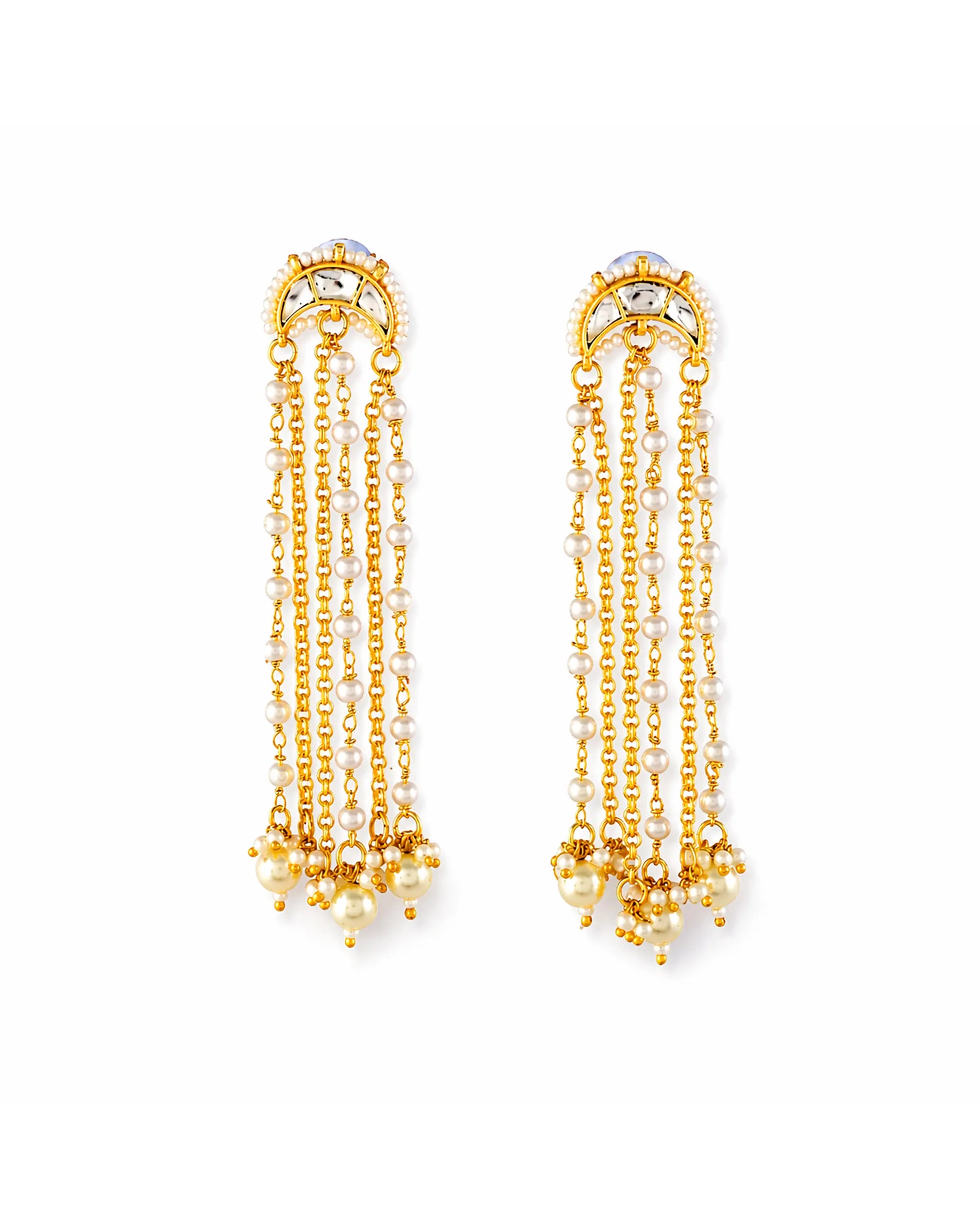 Multi Layer Pearl Chain Chand Earrings, Pachi Kundan Bridal Statement Jewellery