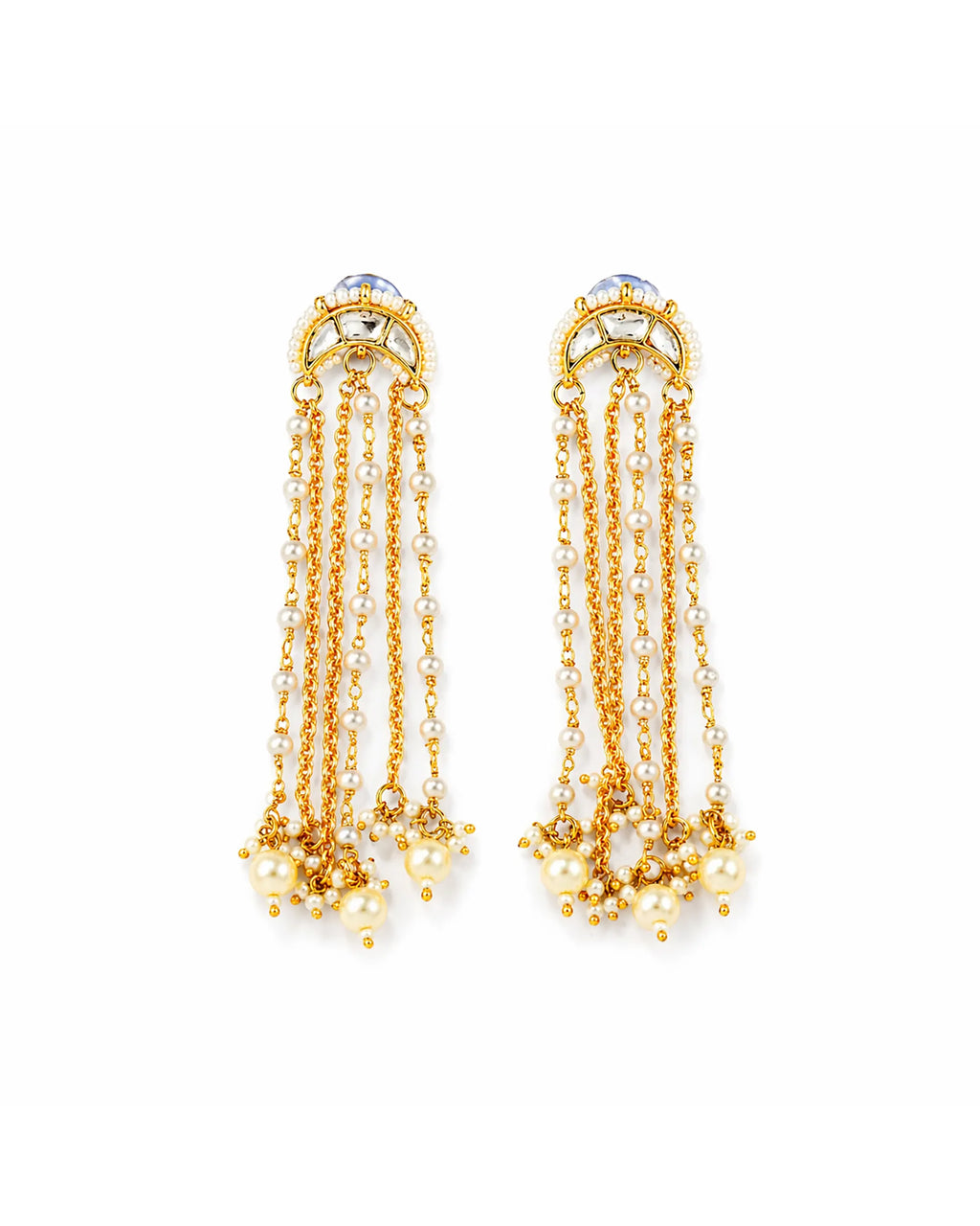 Multi Layer Pearl Chain Chand Earrings, Pachi Kundan Bridal Statement Jewellery