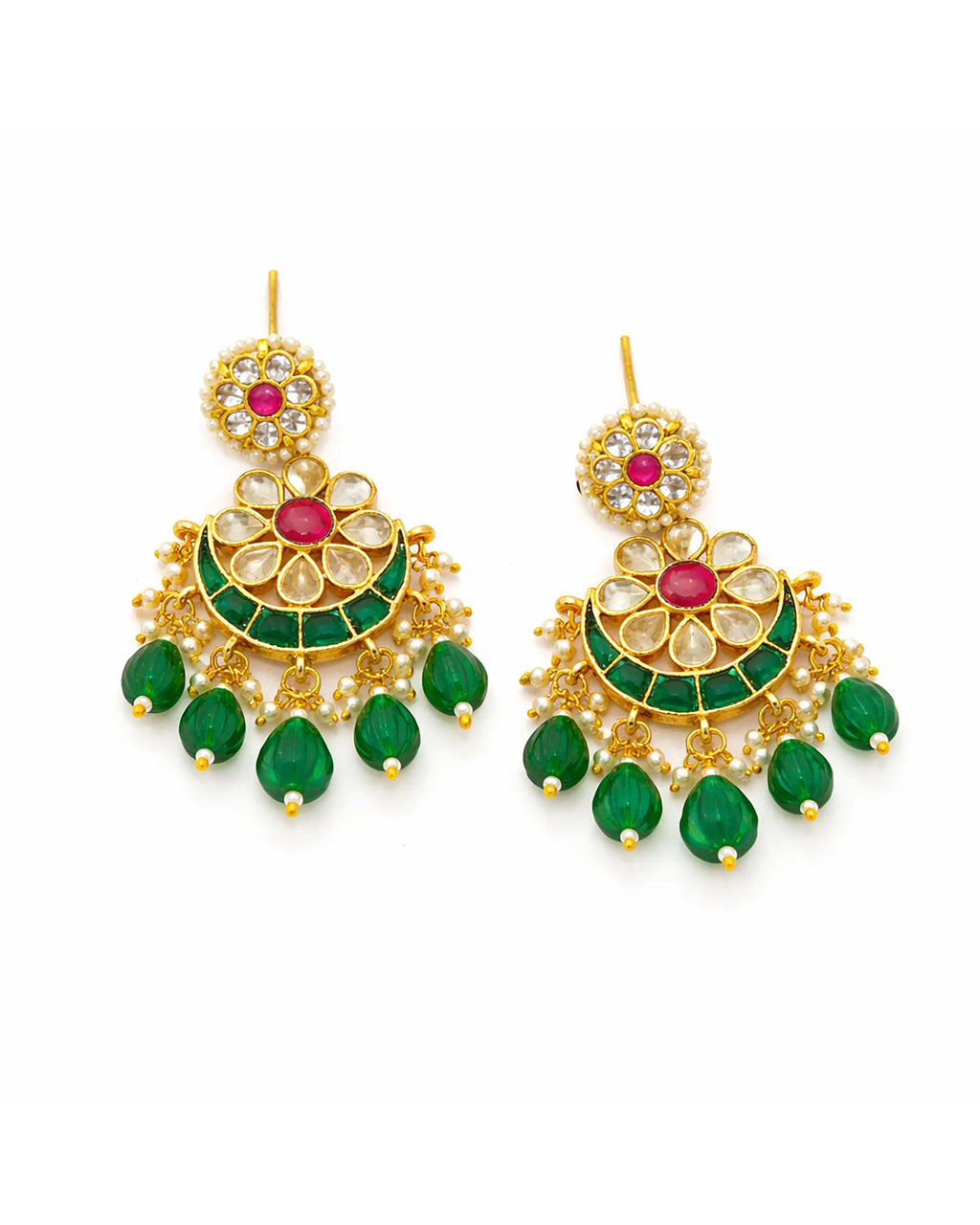 Pachi Kundan Chandbali Ohrringe, Smaragd Lotus Brautschmuck, Indische Hochzeit Festlich