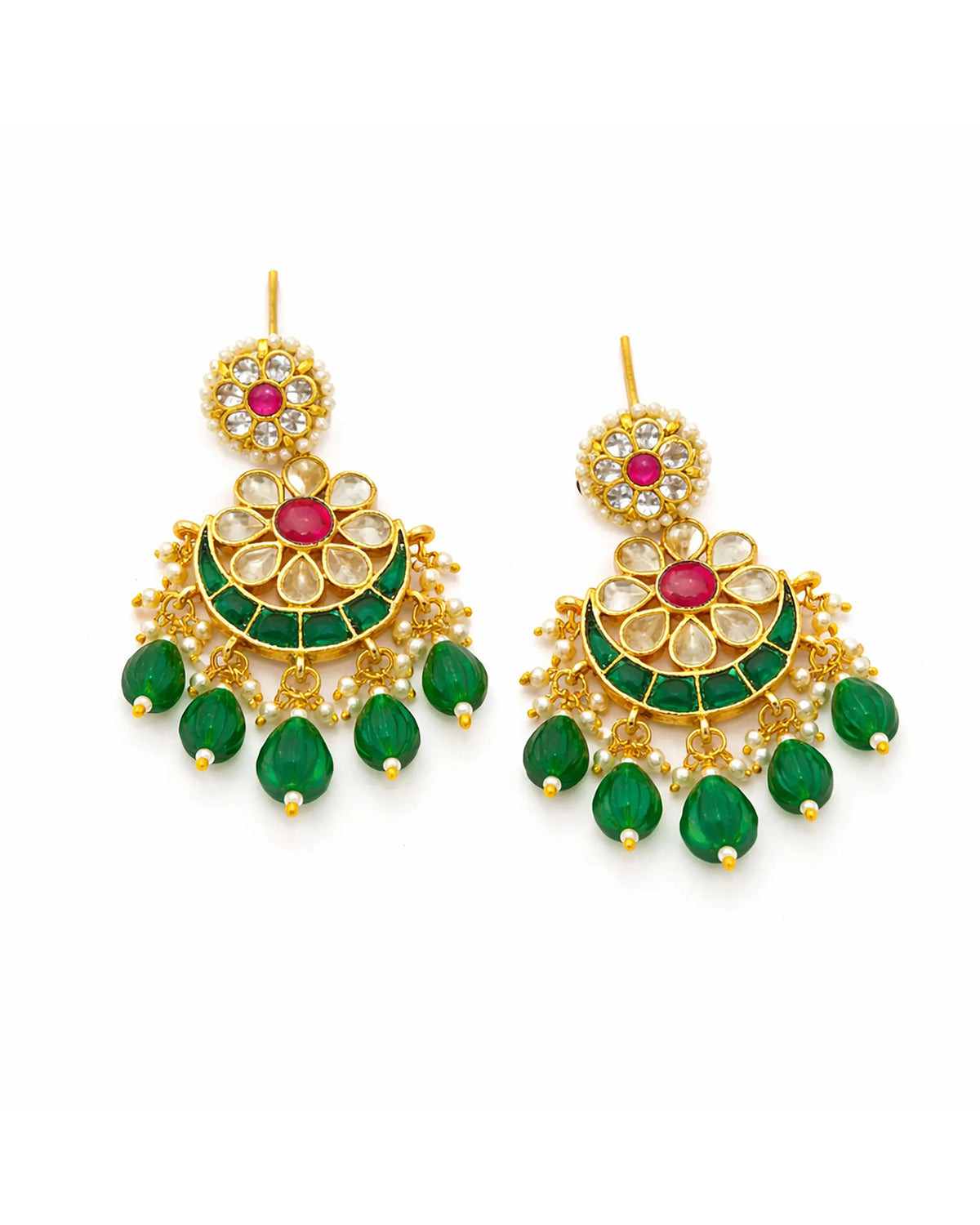 Pachi Kundan Chandbali Ohrringe, Smaragd Lotus Brautschmuck, Indische Hochzeit Festlich