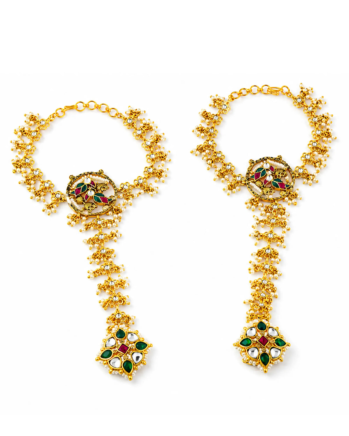 Traditional Kundan Pearl Hathphool, Indian Bridal Hand Harness, Red Stone Accessory