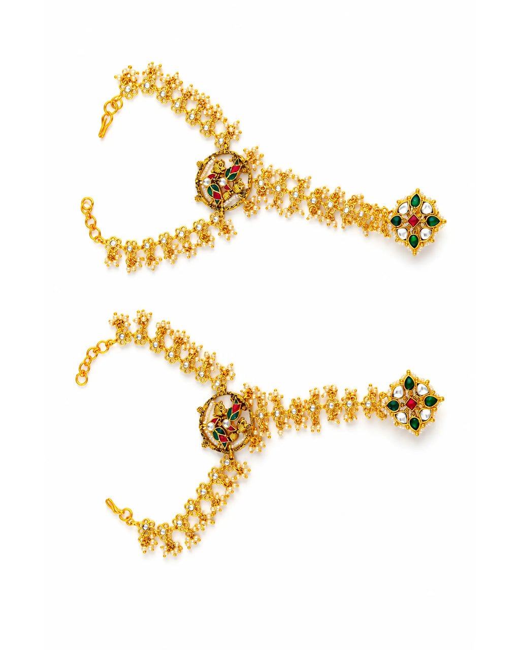 Traditional Kundan Pearl Hathphool, Indian Bridal Hand Harness, Red Stone Accessory