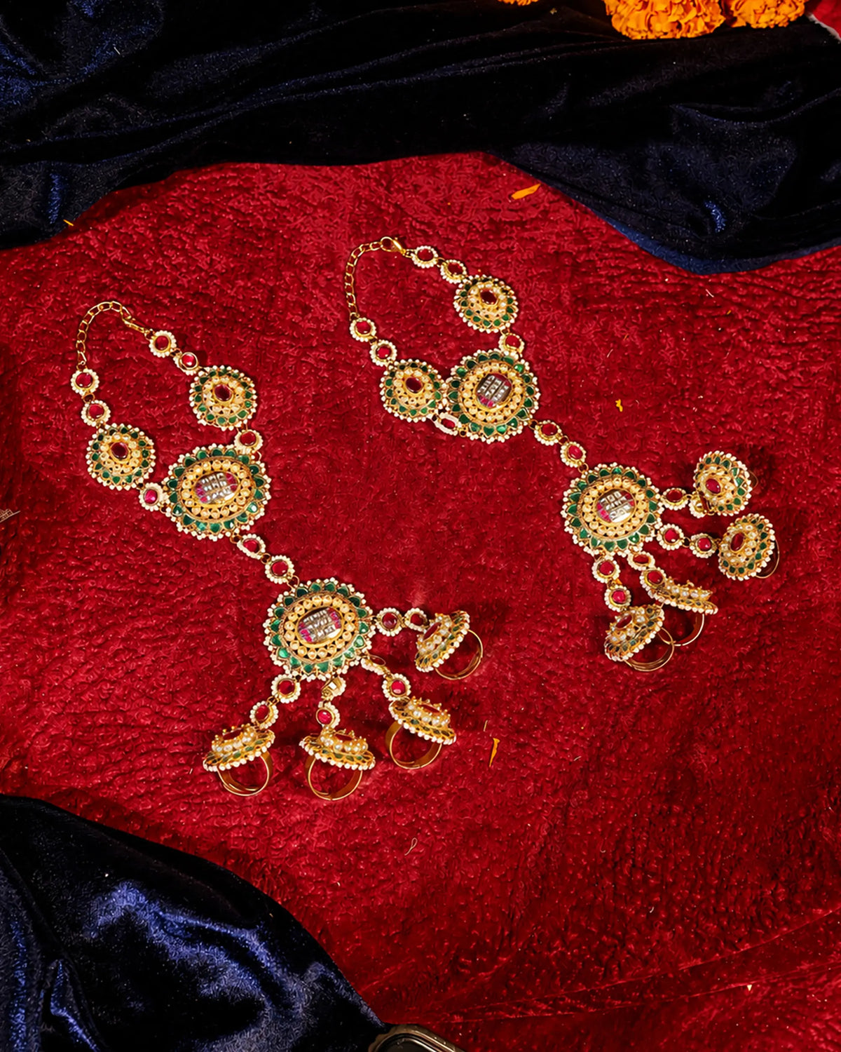 Red Green Kundan Haathphool, Bridal Hand Harness, Pearl Wedding Jewelry