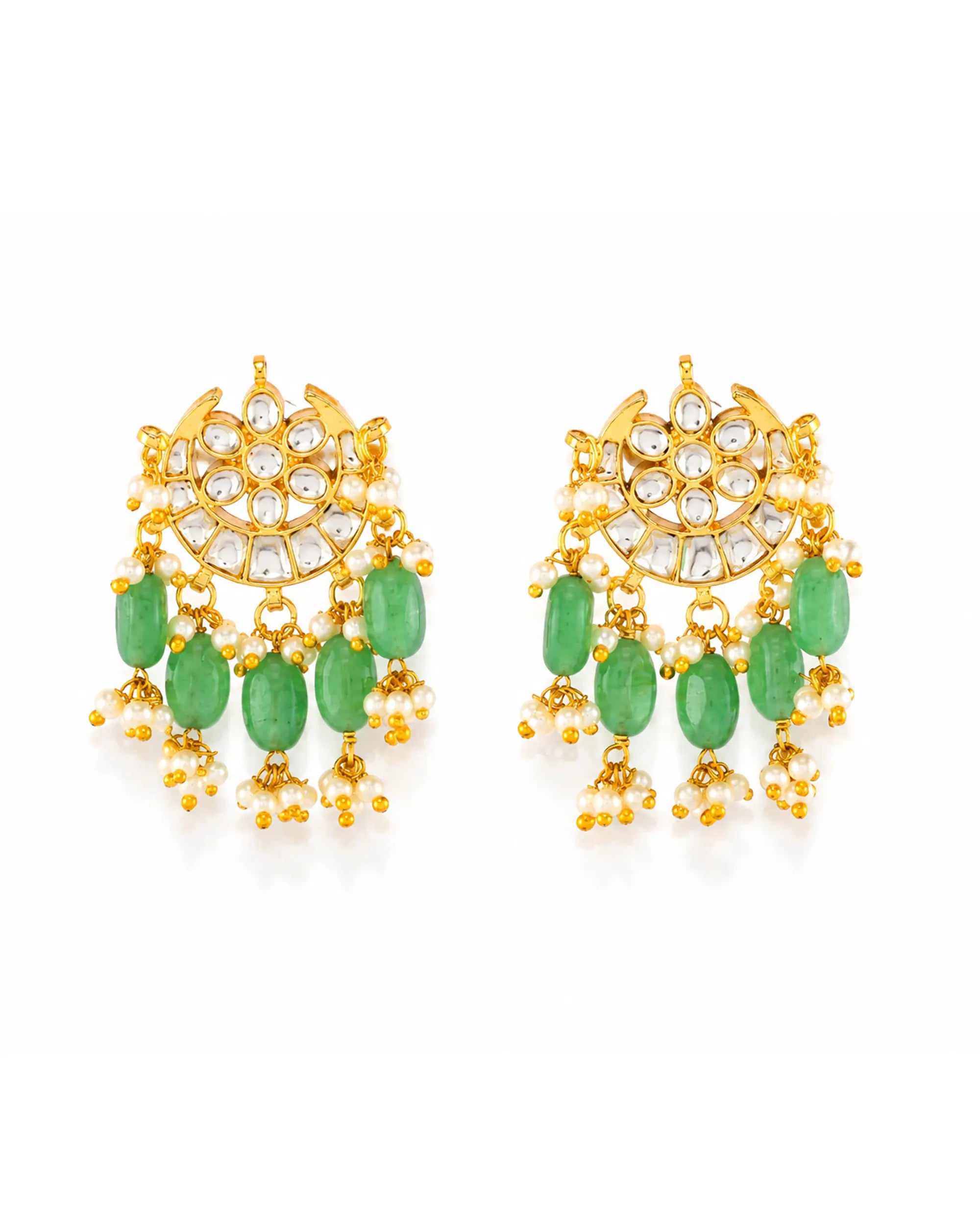 Kundan Chandbali Earrings with Mint Green Beads and Pearl Drops
