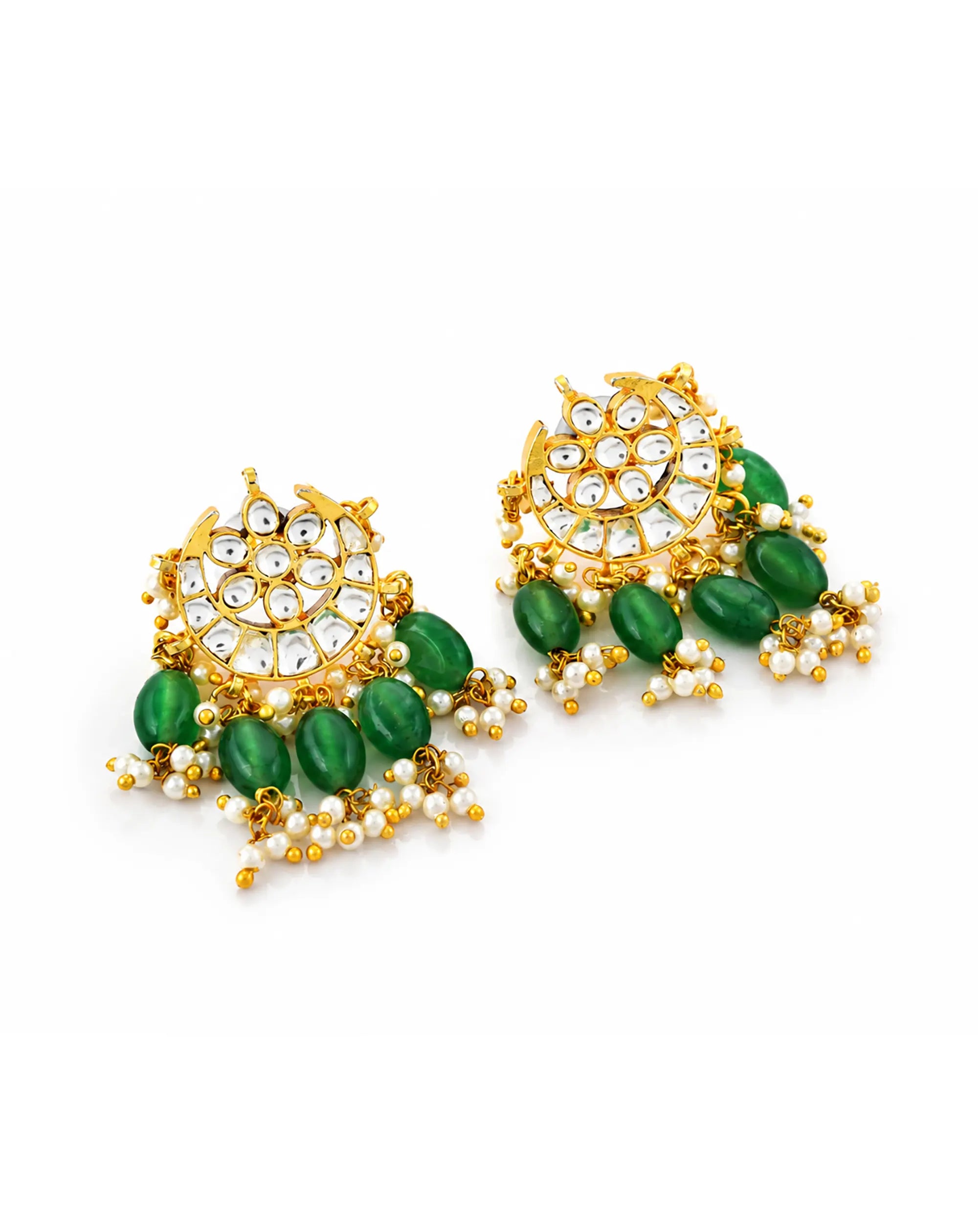 Kundan Chandbali Earrings with Mint Green Beads and Pearl Drops