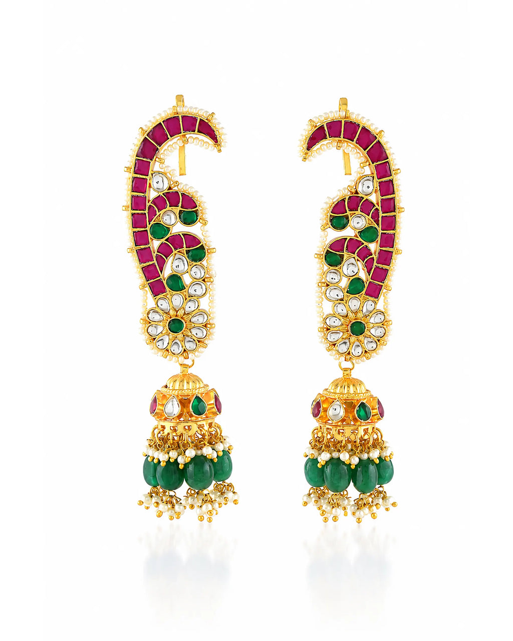Brazaletes Kundan Paisley con gotas Jhumka verdes Joyería india étnica llamativa