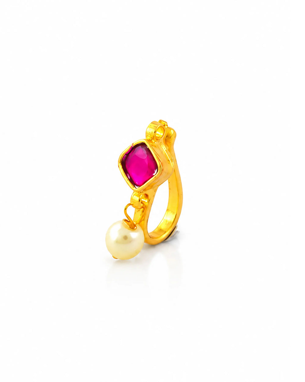 Gold Plated Pink Stone Clip-On Nose Ring, Kundan Style Miniature Nath Pearl