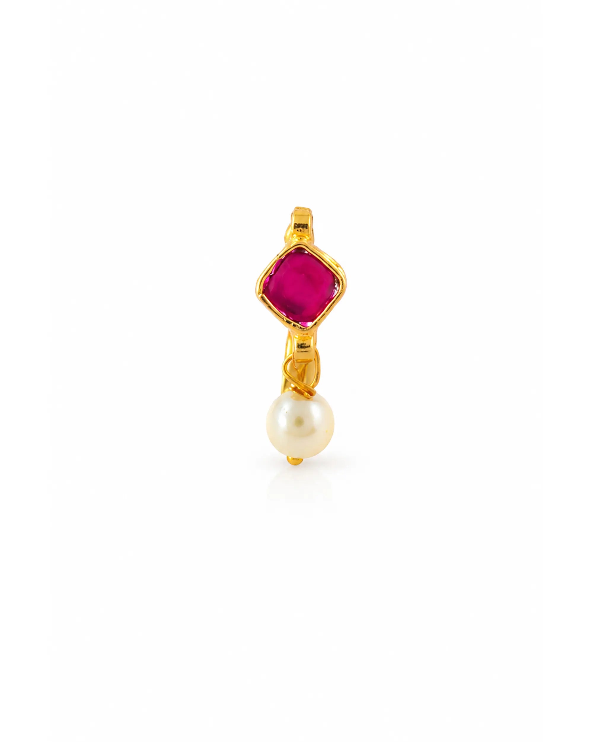 Gold Plated Pink Stone Clip-On Nose Ring, Kundan Style Miniature Nath Pearl