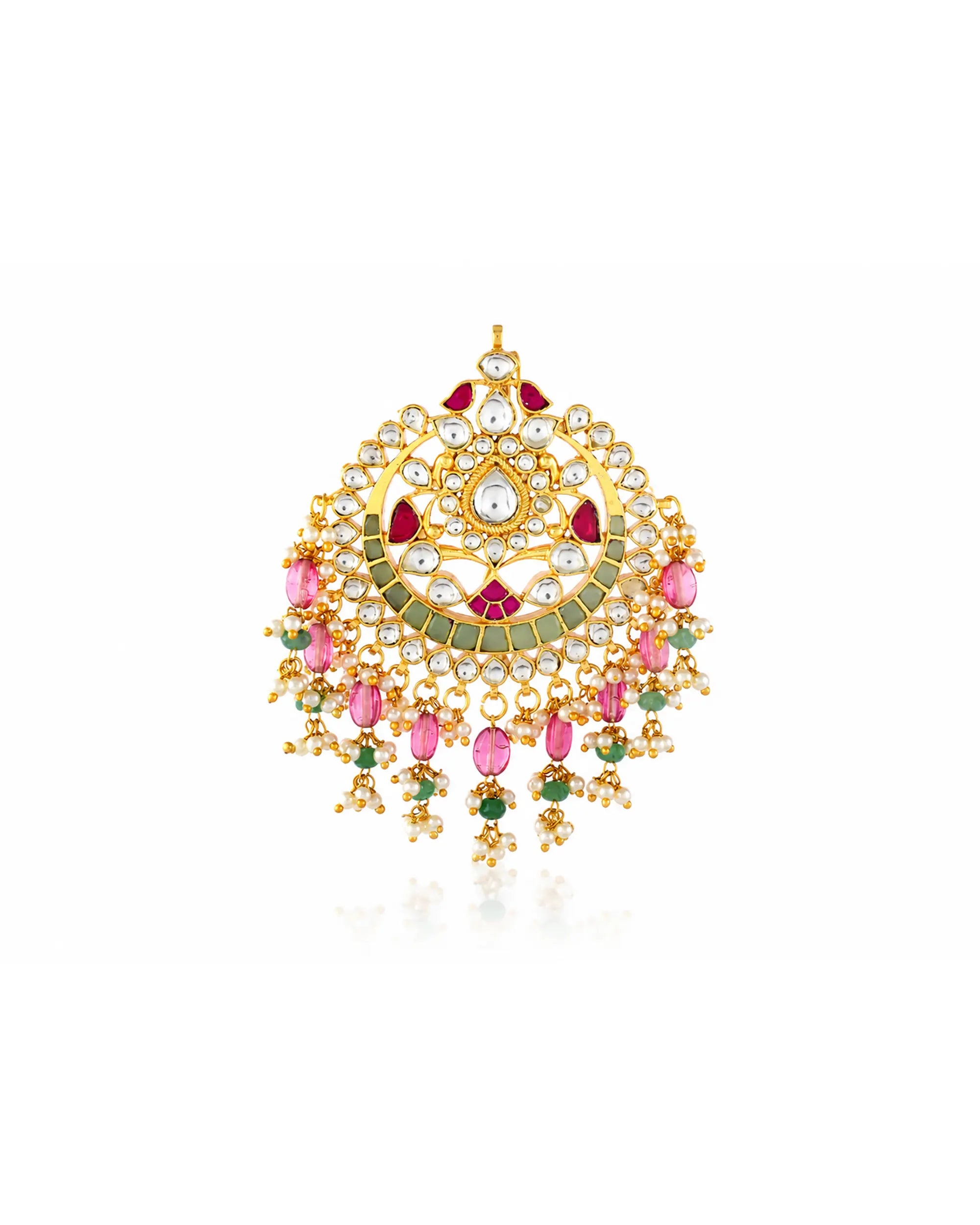 Royal Kundan Hair Brooch, Red Green Stone Bridal Choti Accessor