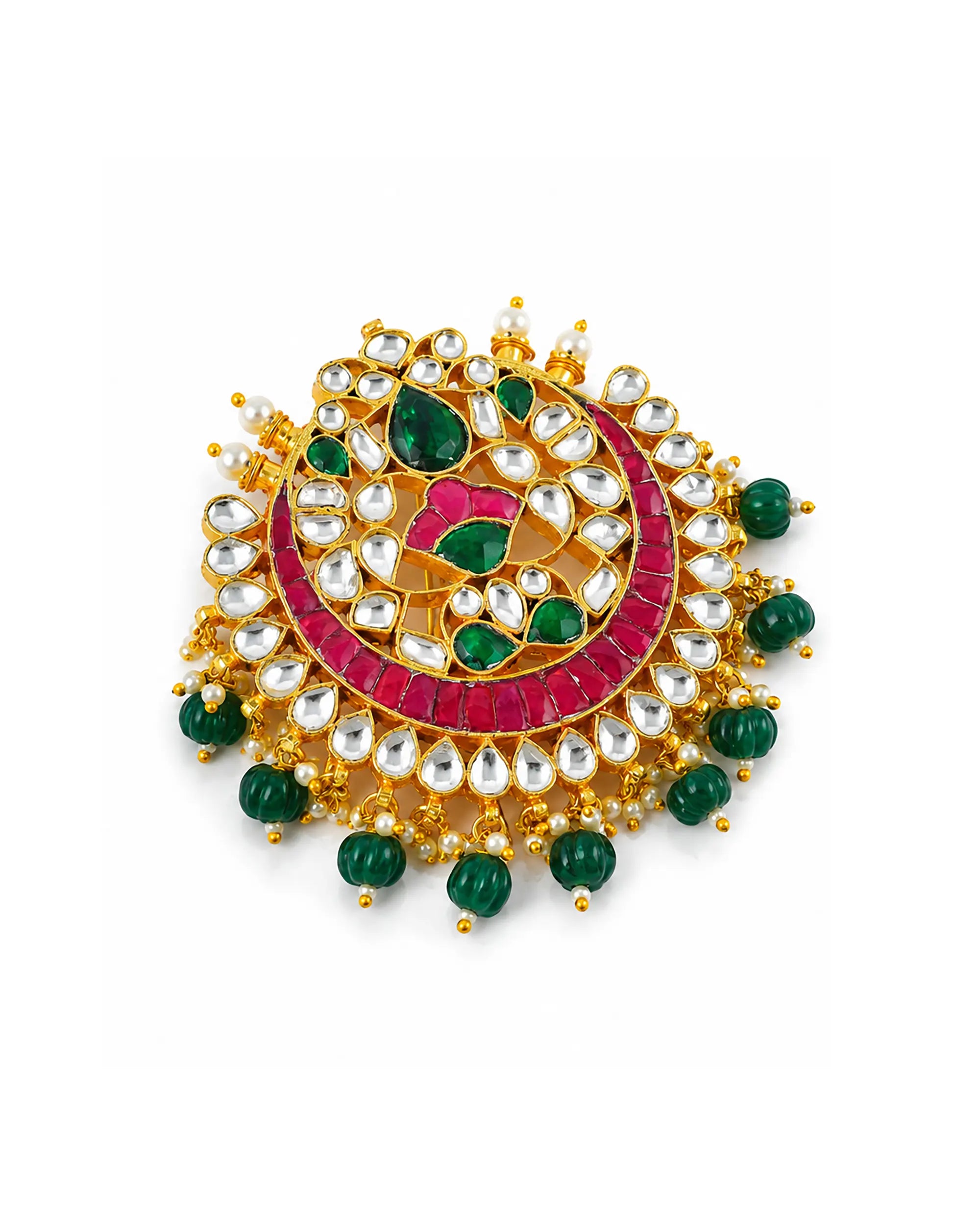 Indian Bridal Hair Brooch, Kundan Red Green Stones Braid Accessory