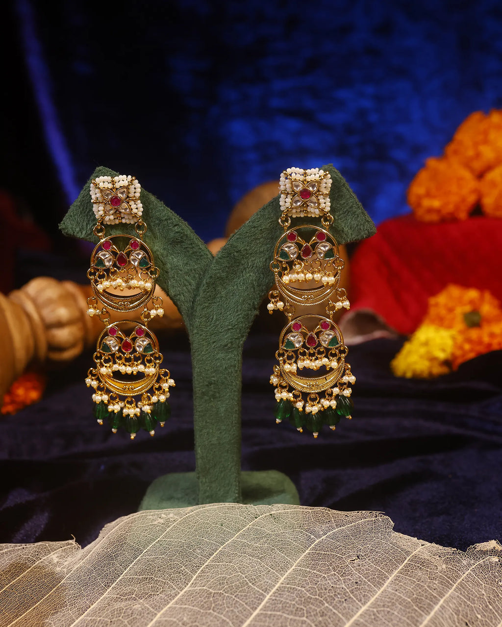 Tiered Kundan Chandbali Earrings, Emerald Drops Indian Statement Jewelry