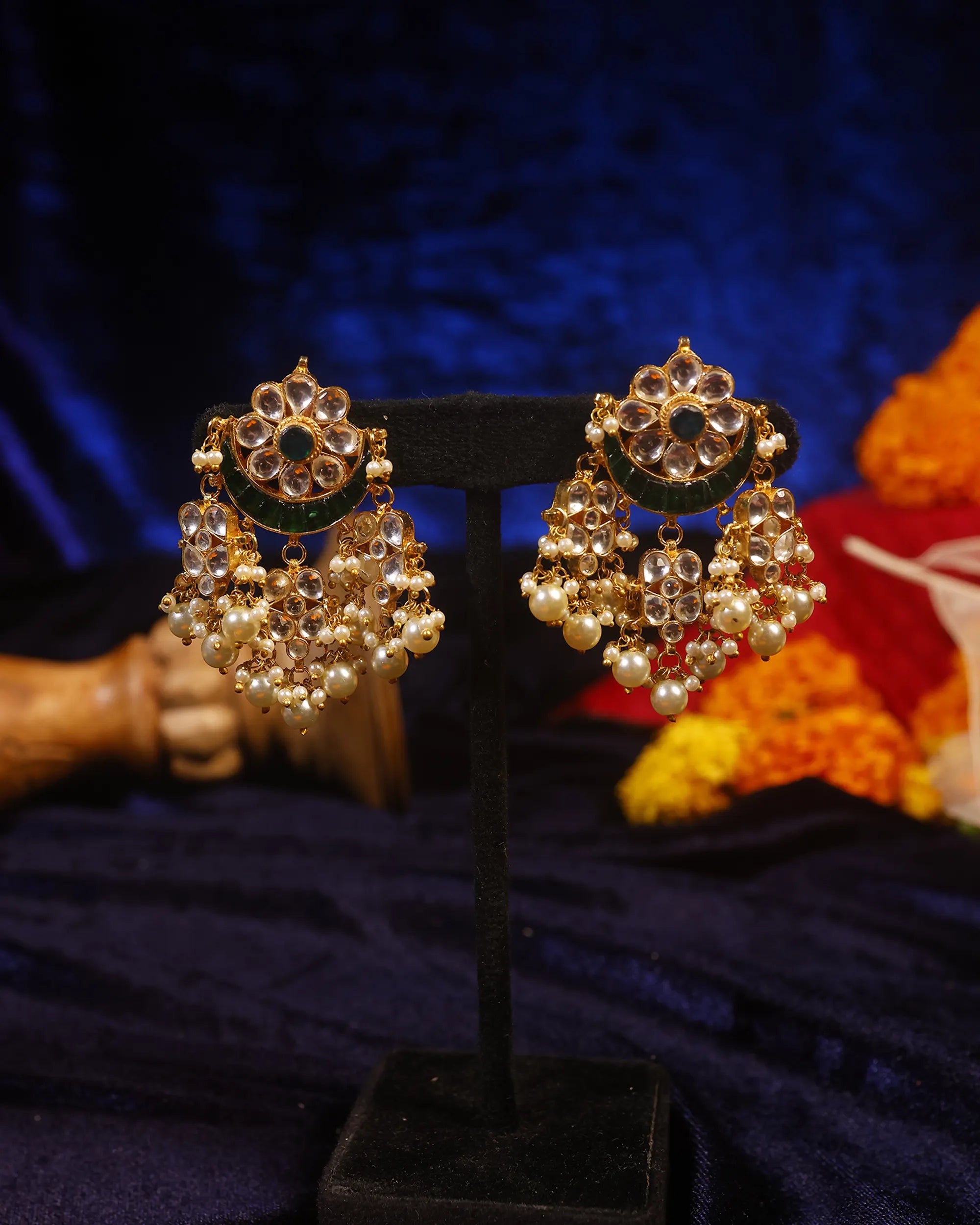 Kundan Chandbali Earrings with Pearl Drops