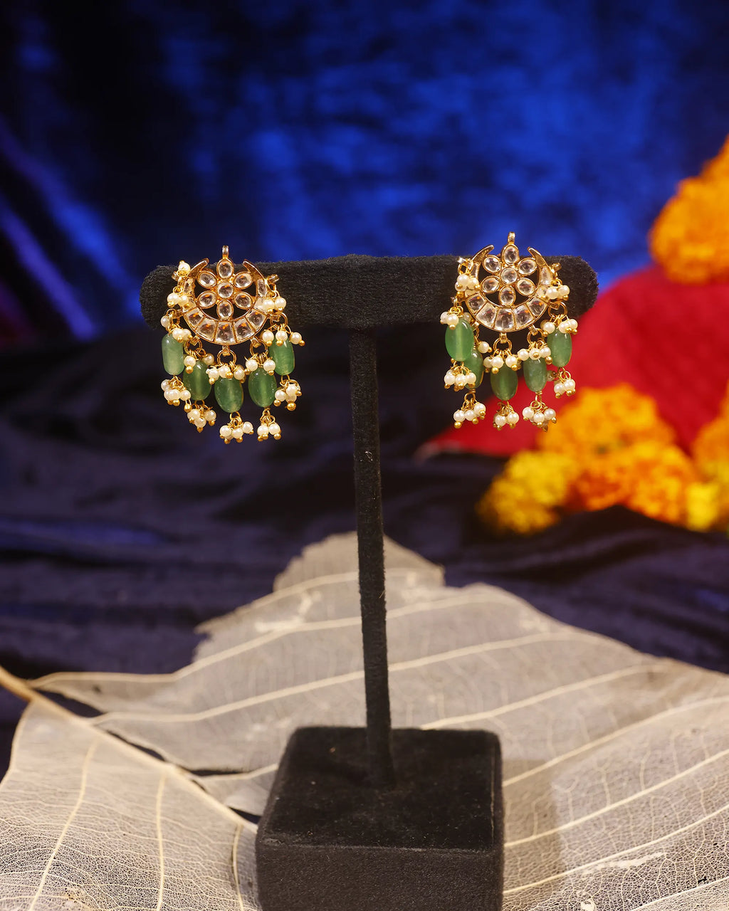 Kundan Chandbali Earrings with Mint Green Beads and Pearl Drops