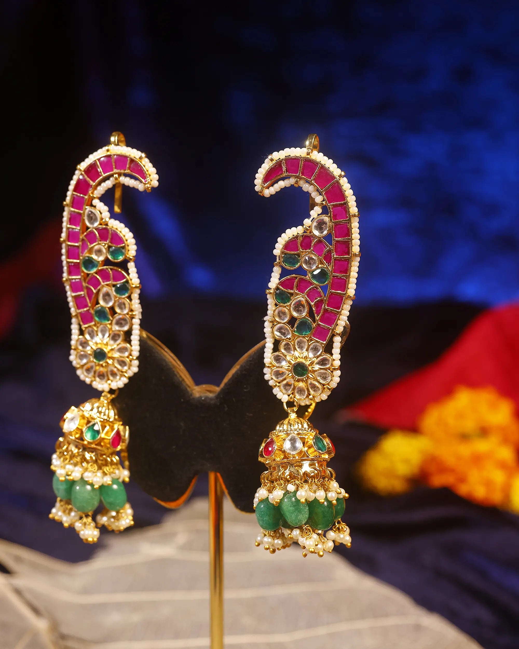 Kundan Earcuffs with Green Jhumka Drops