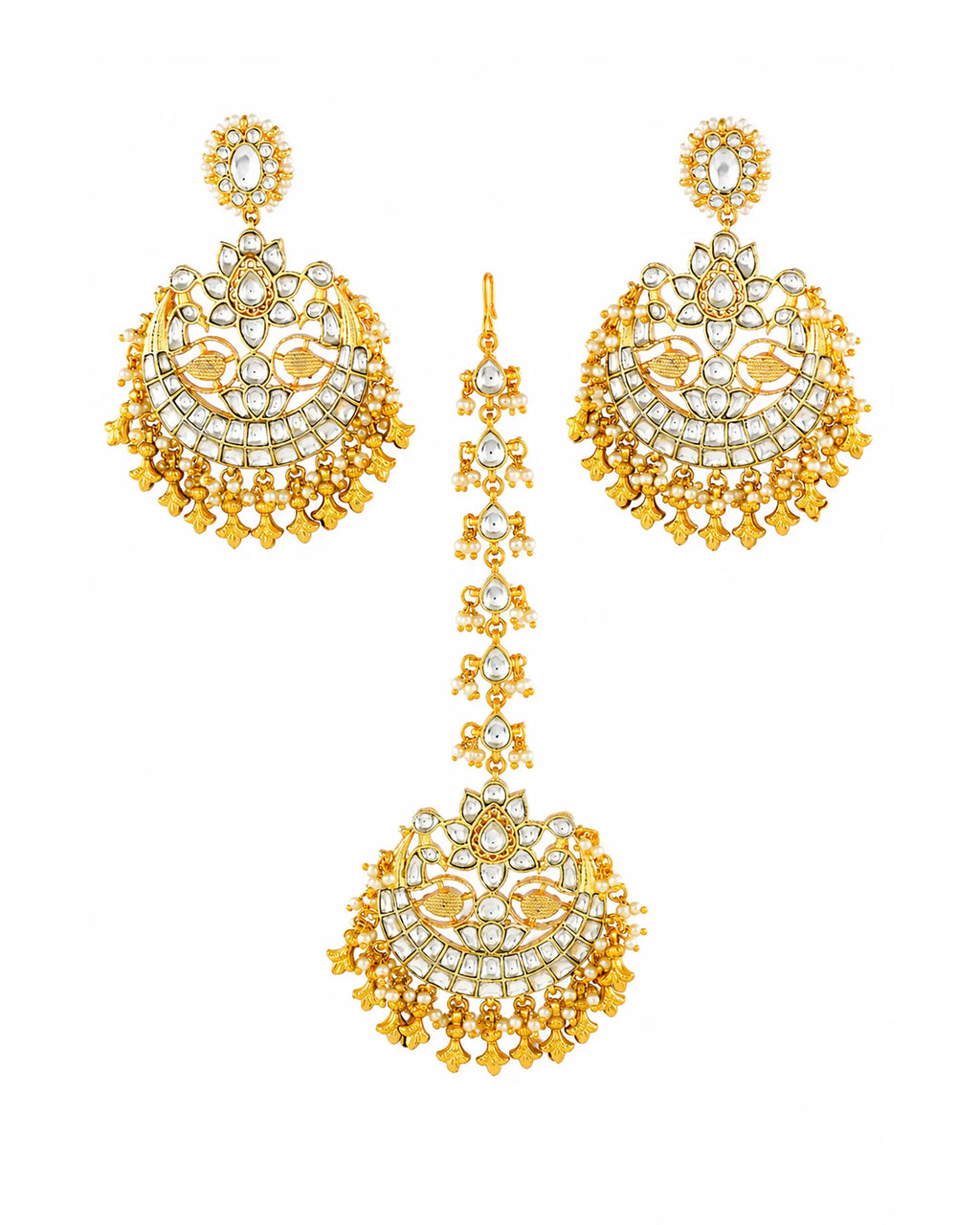 Kundan Chandbali Earrings and Maang Tikka Set, Pearl Accent Statement Jewelry