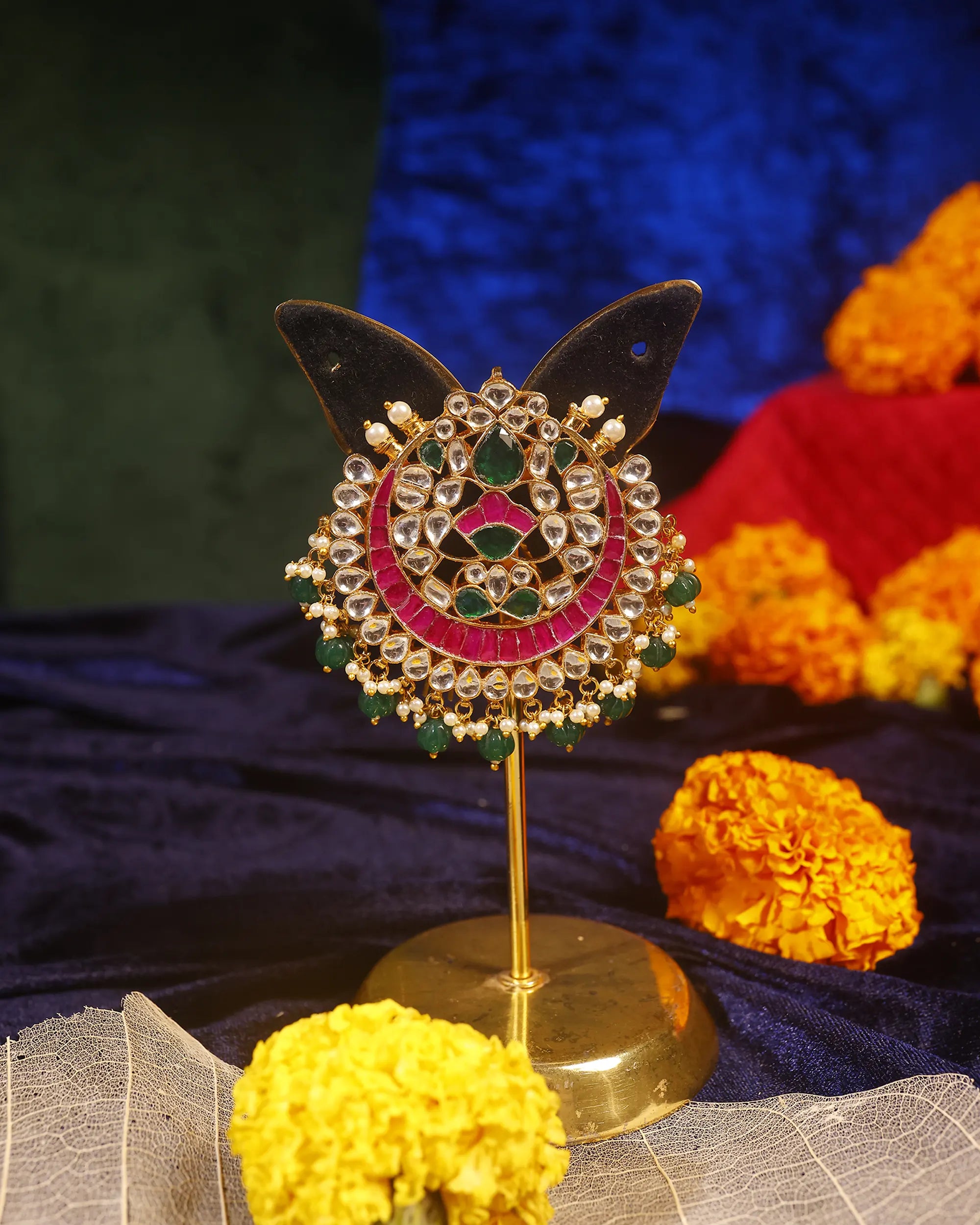 Indian Bridal Hair Brooch, Kundan Red Green Stones Braid Accessory