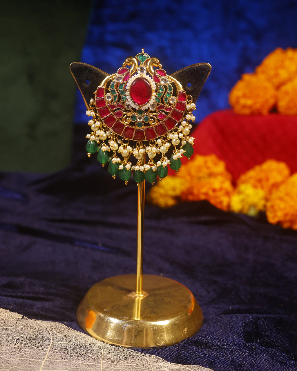 Traditional Kundan Hair Brooch, Gold-Toned Bridal Accessory