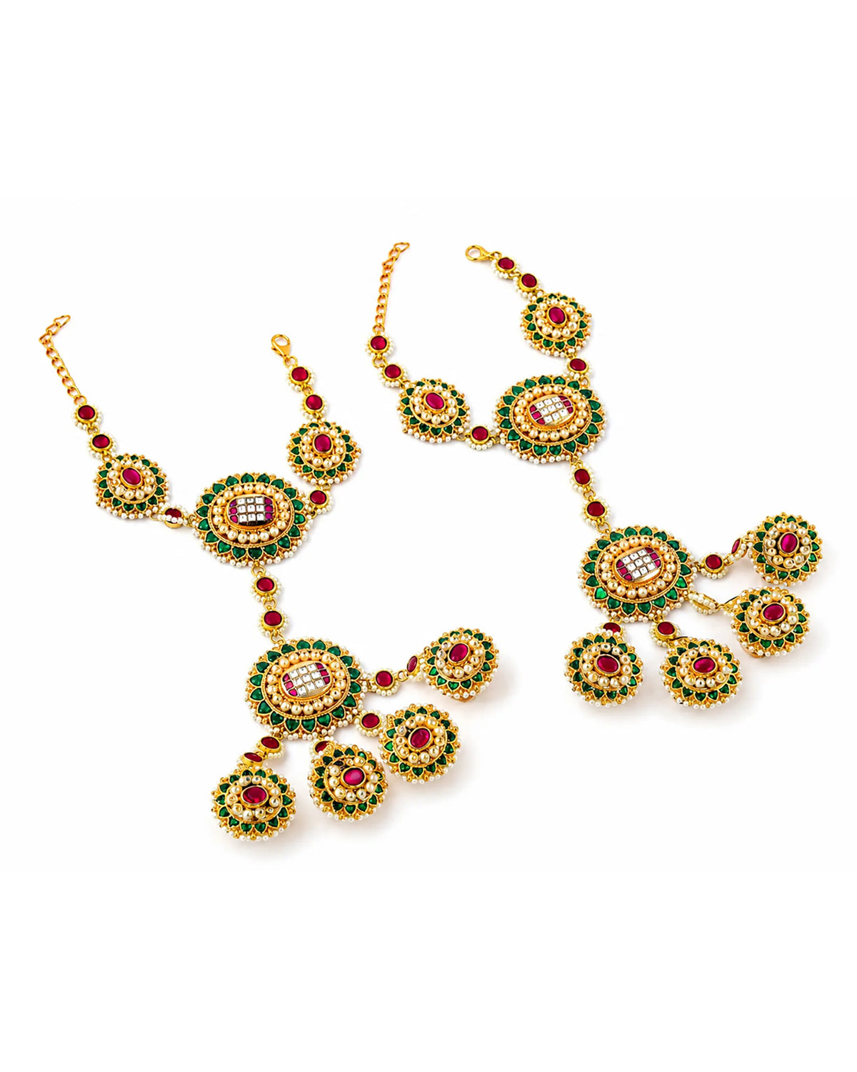 Red Green Kundan Haathphool, Bridal Hand Harness, Pearl Wedding Jewelry