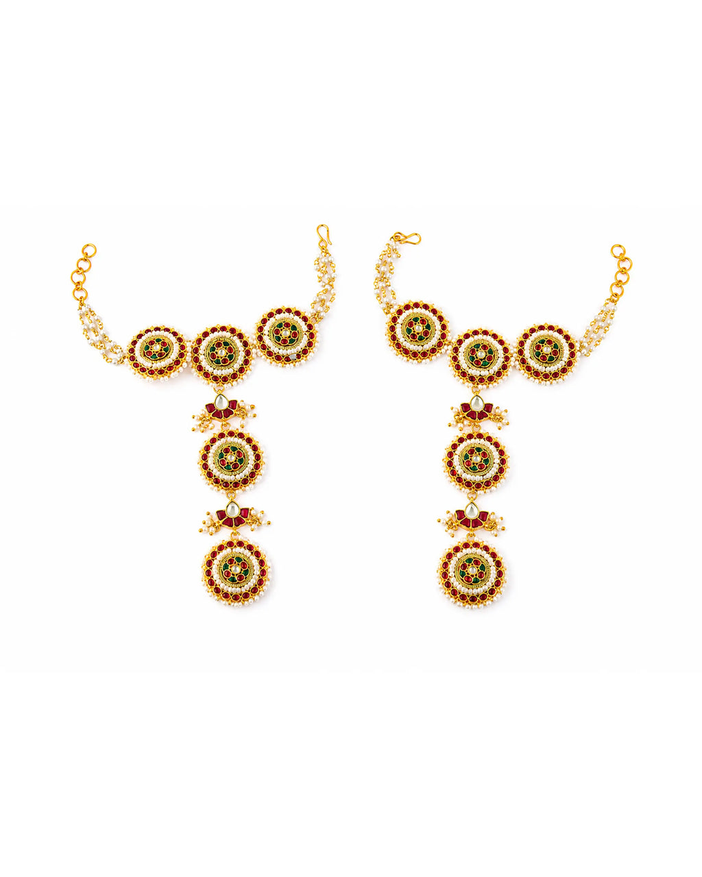 Kundan Haathphool Indische Handkette | Rot Grüne Perlen Brautschmuck Hochzeitsschmuck
