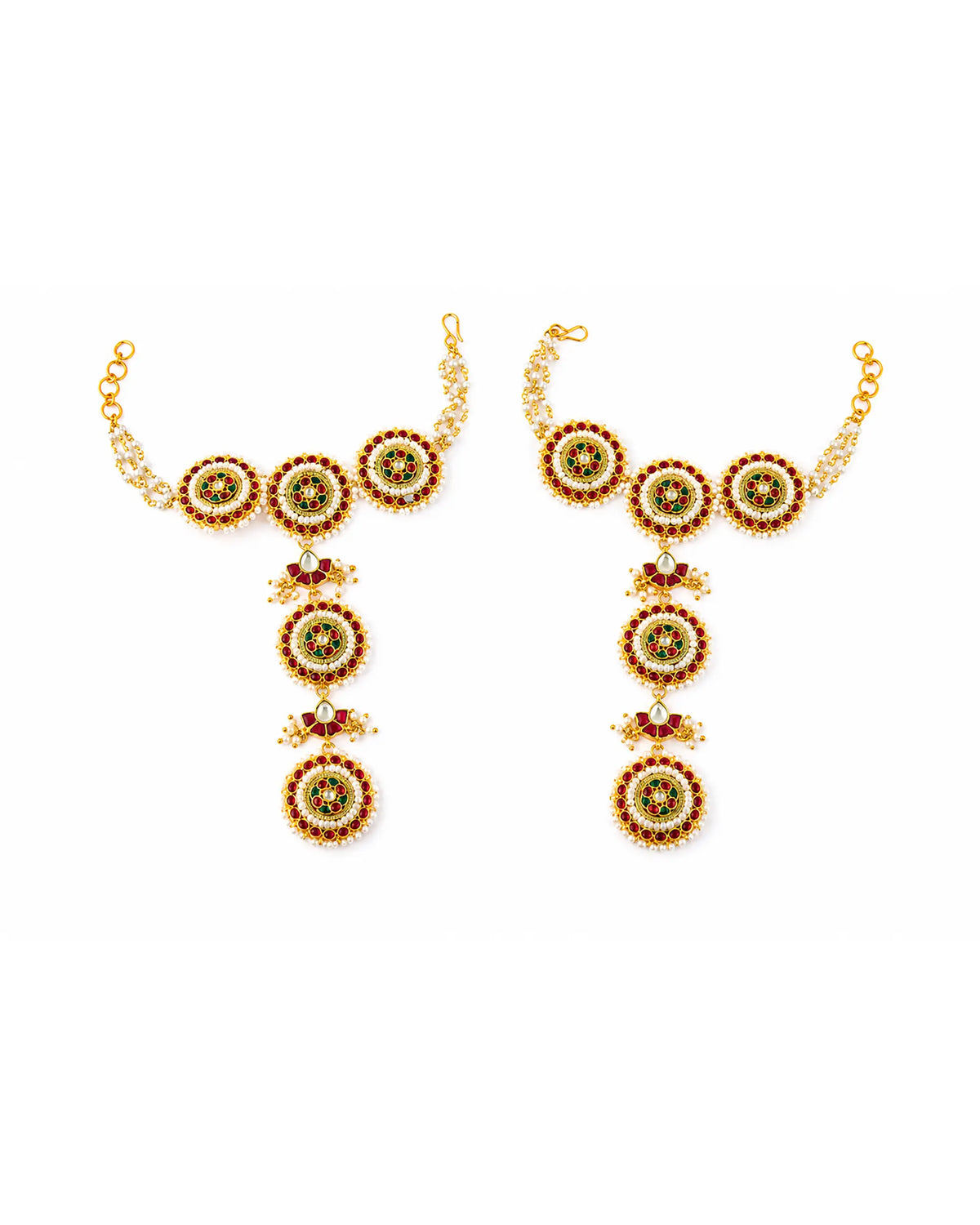 Kundan Haathphool Indische Handkette | Rot Grüne Perlen Brautschmuck Hochzeitsschmuck