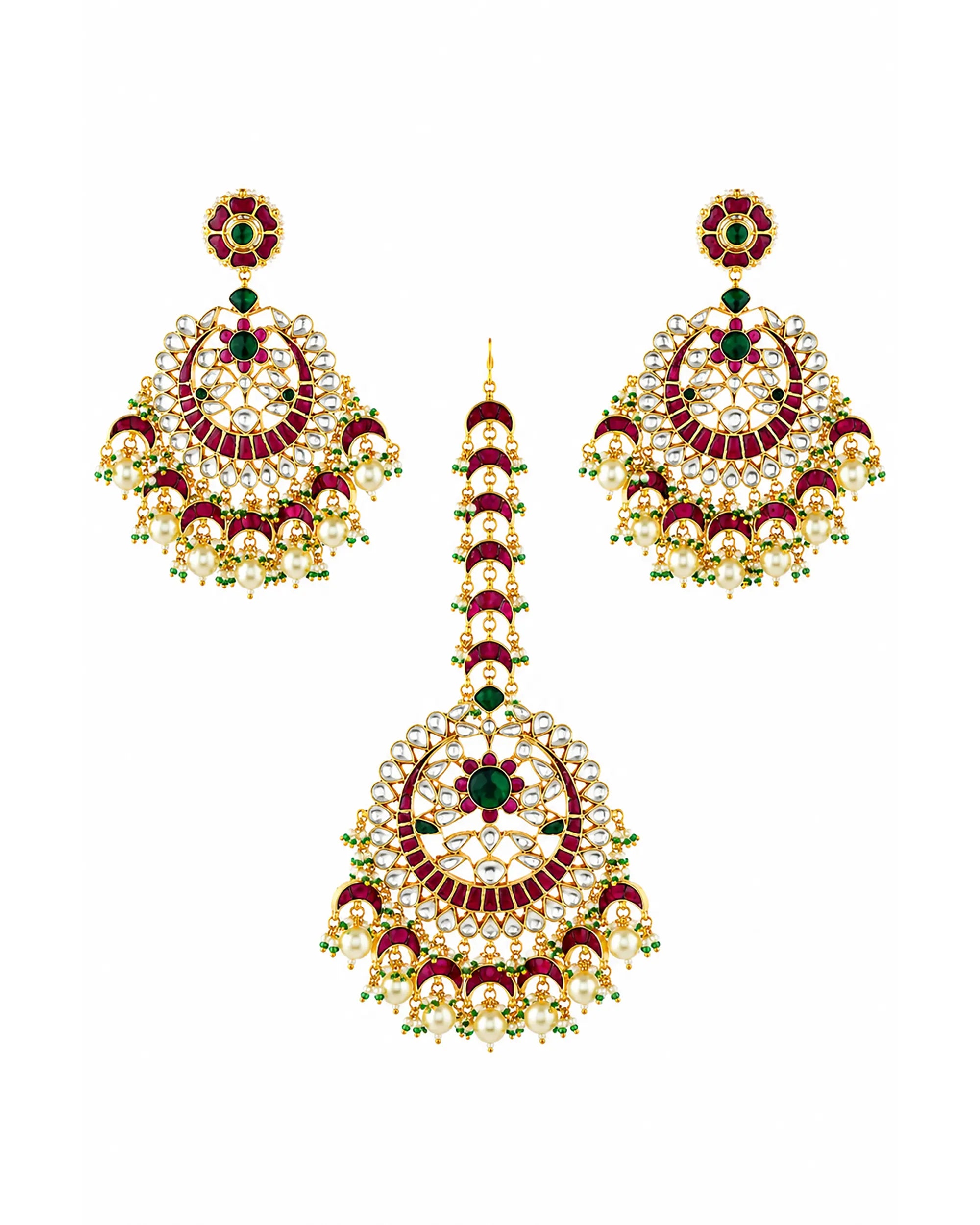 Kundan Earrings and Maang Tikka Set, Traditional Indian Bridal Jewelry