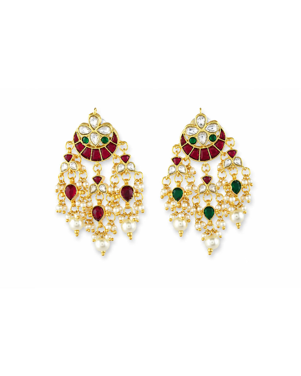 Pachi Kundan Chandbali Earrings, Ruby Emerald Pearl Latkan, Indian Bridal Jewelry