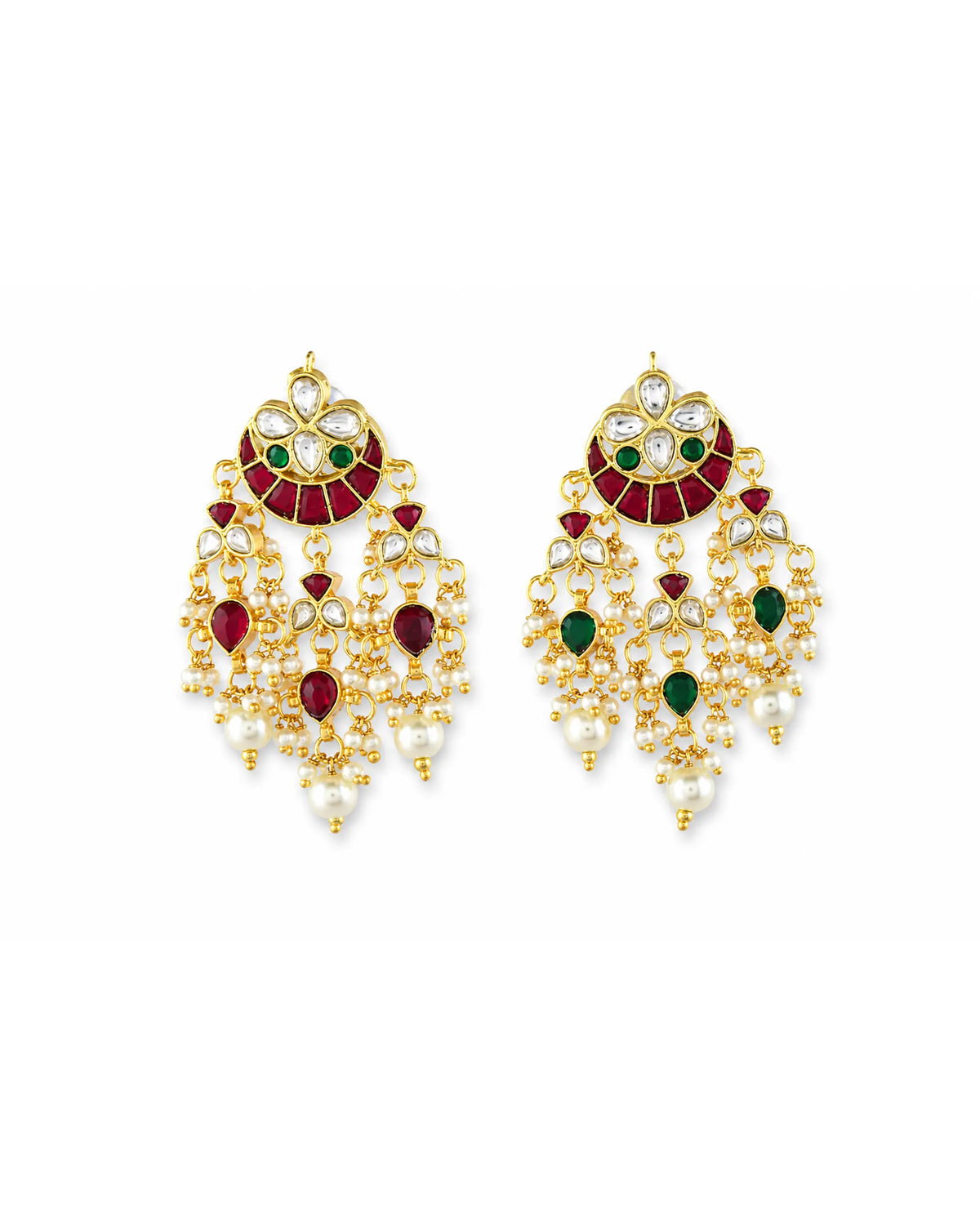 Pachi Kundan Chandbali Earrings, Ruby Emerald Pearl Latkan, Indian Bridal Jewelry