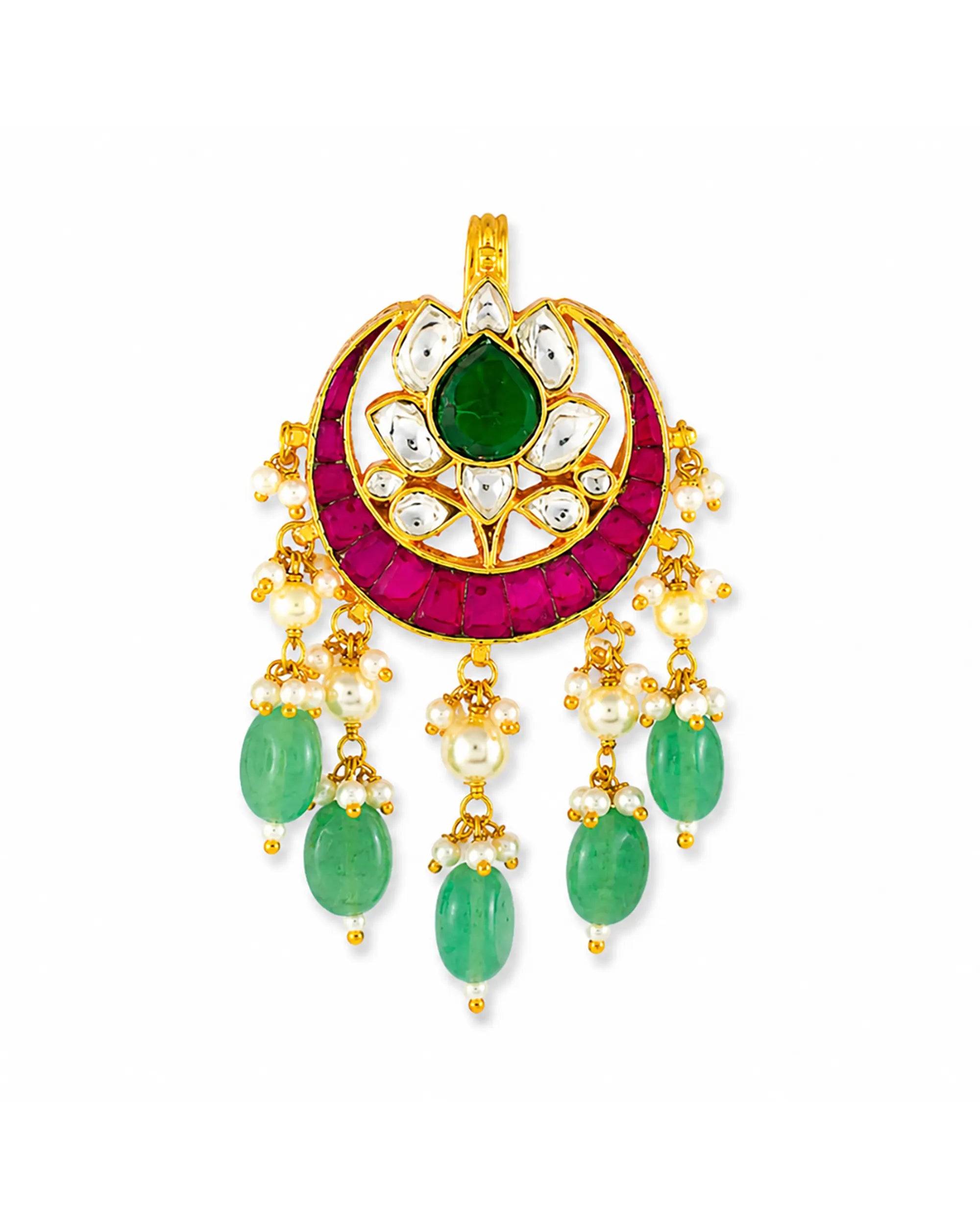 Kundan Hair Brooch, Pink Green Stones Pearls Bridal Accessory