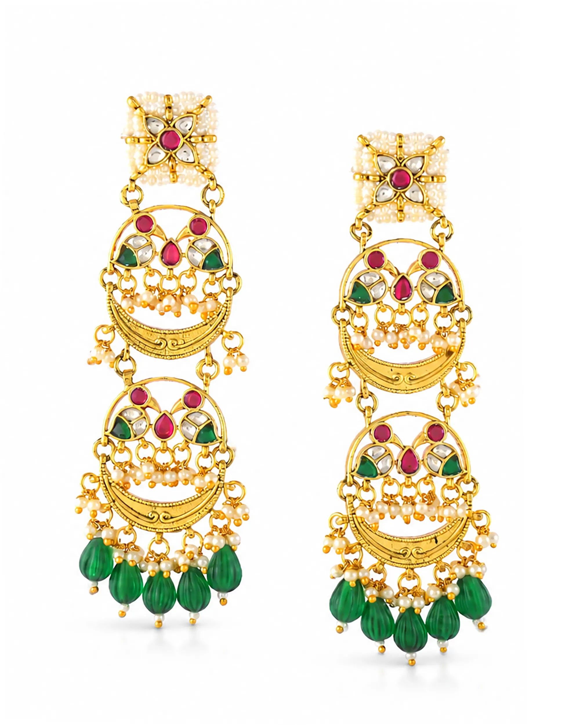 Tiered Kundan Chandbali Earrings, Emerald Drops Indian Statement Jewelry