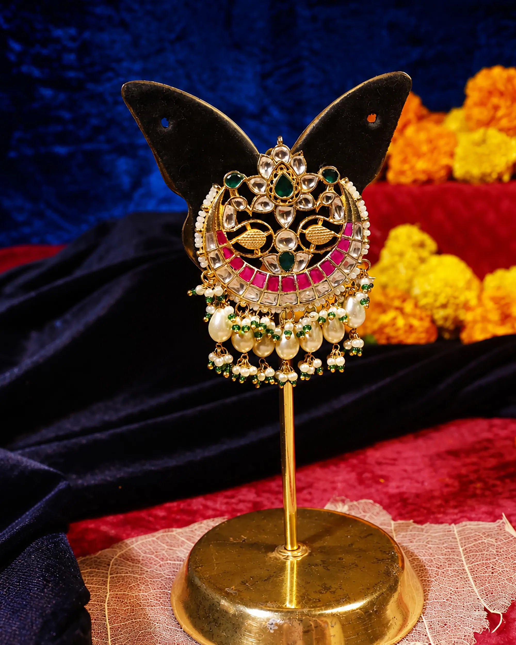 Wedding Kundan Hair Brooch, Pearl Braid Ornament with Red Green Stones