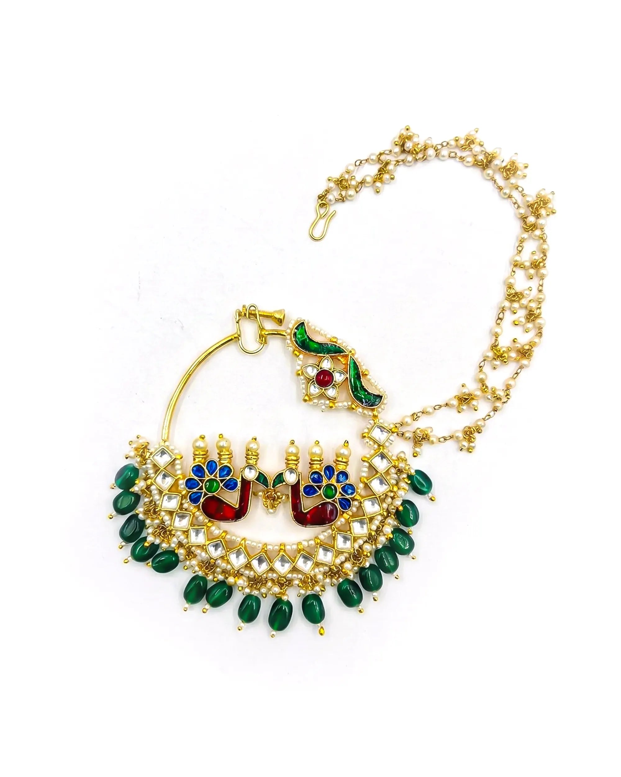 Royal Twin Peacock Meenakari Bridal Nath | Gold Plated Kundan Pearl Nose Ring Sahara Chain