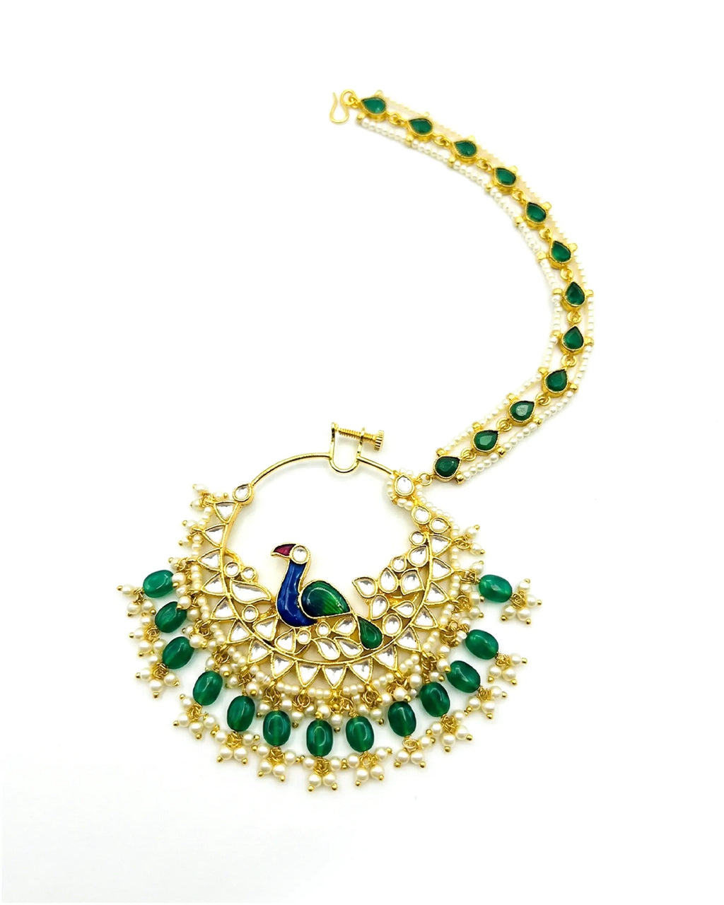 Nath nupcial Meenakari pavo real real | Anillo de nariz de esmeralda Kundan chapado en oro con cadena Sahara