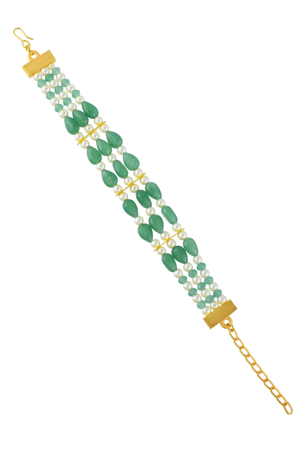 Dreisträngiges Armband mit grünen Steinen und Perlen, vergoldeter ethnischer Brautschmuck