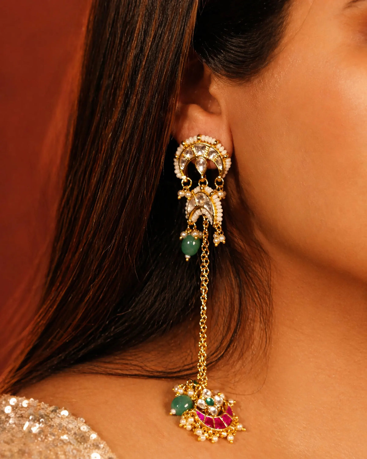 Heritage Kundan Meenakari Crescent Chain Earrings, Bridal Wedding Jewelry