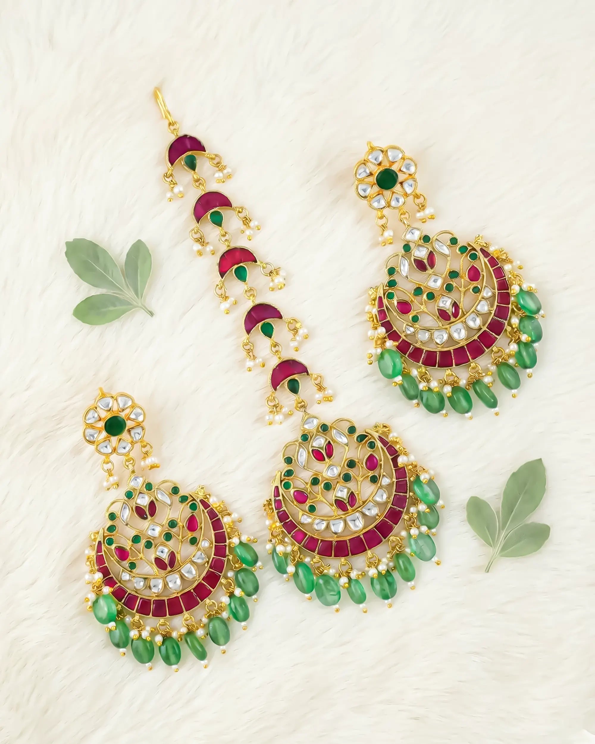 Ruby Emerald Kundan Chandbali and Tikka Set, Indian Bridal Wedding Jewelry