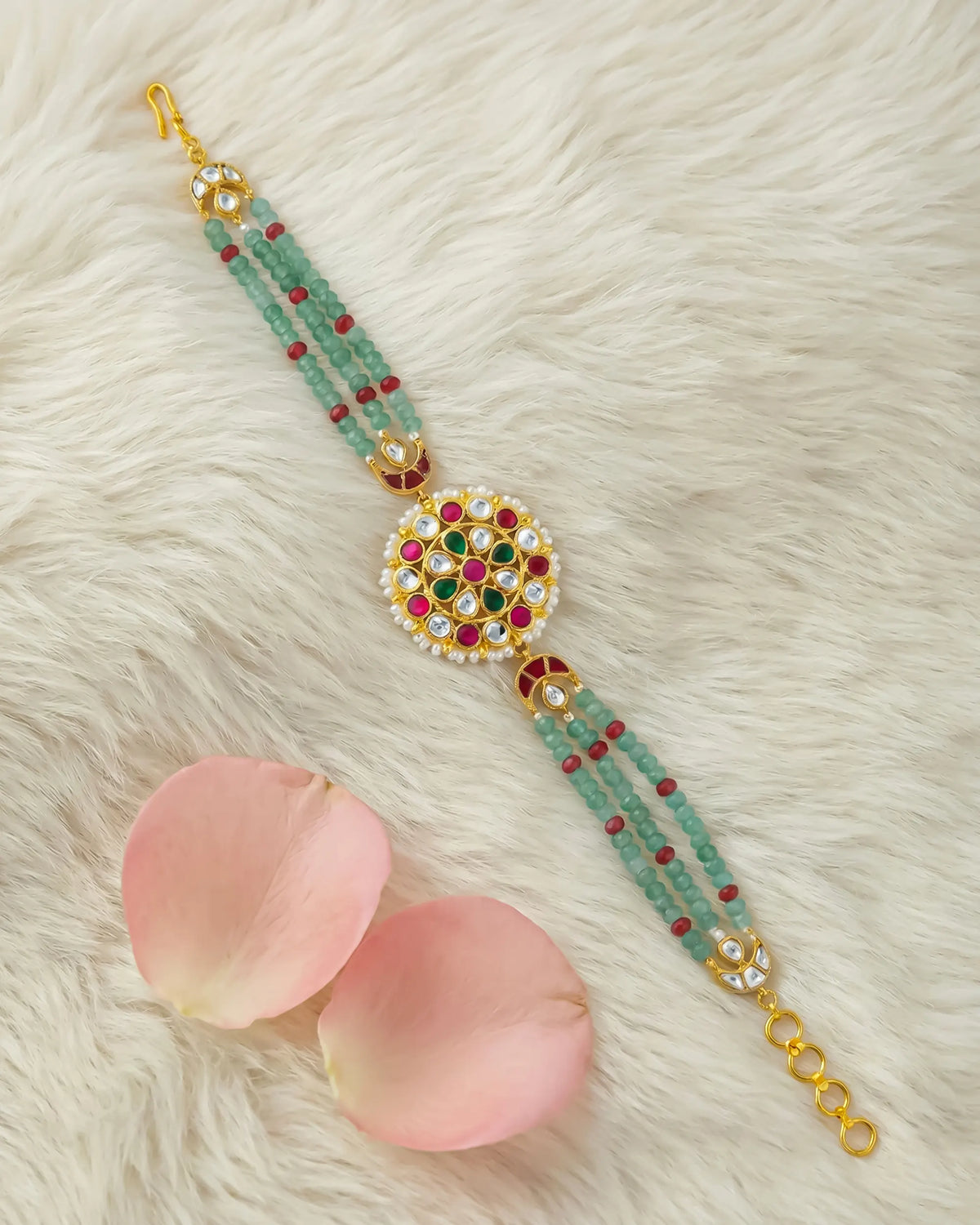 Handcrafted Pachi Kundan Bracelet, Gold Plated Meenakari Kada, Green Beaded Bridal Jewelry