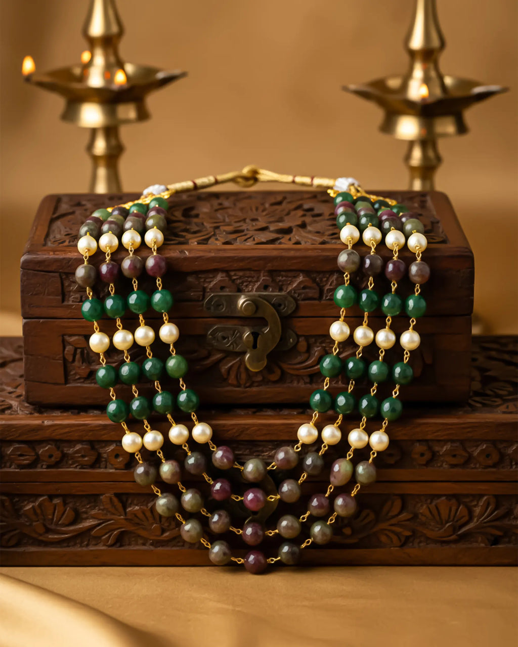 Layered Green Gemstone Pearl Groom Mala Necklace, Royal Jaipur Heritage Jewelry