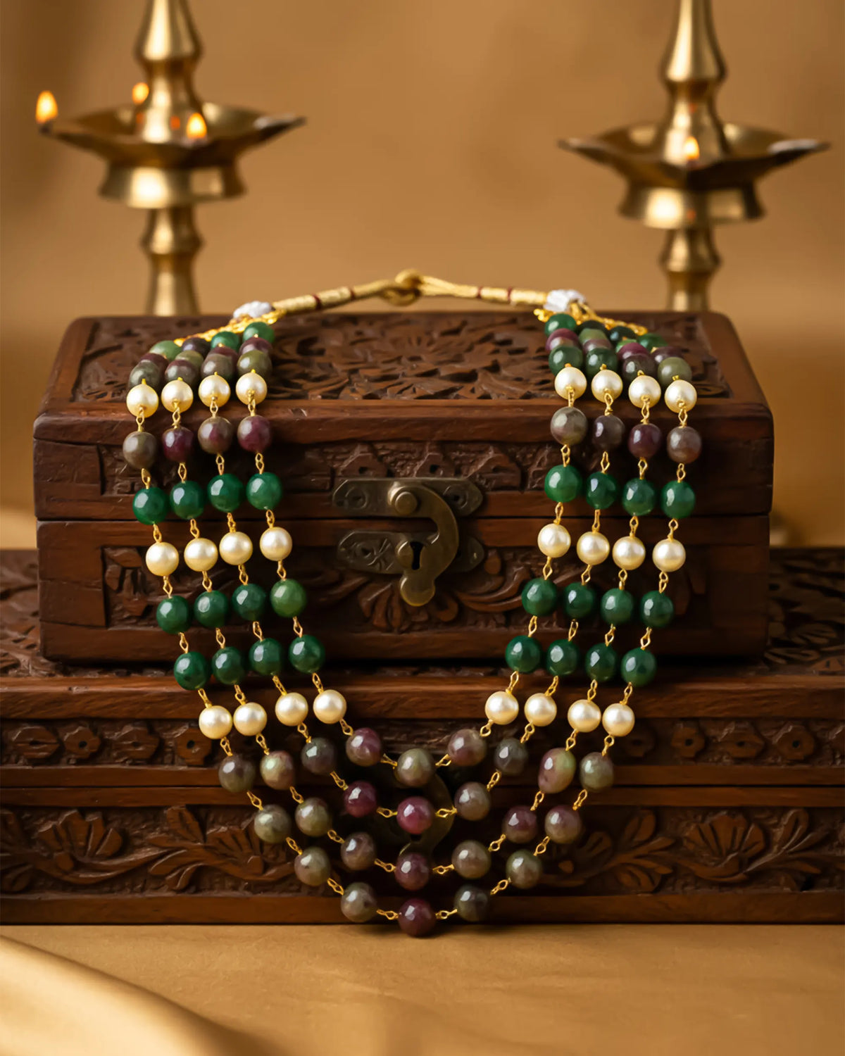 Layered Green Gemstone Pearl Groom Mala Necklace, Royal Jaipur Heritage Jewelry