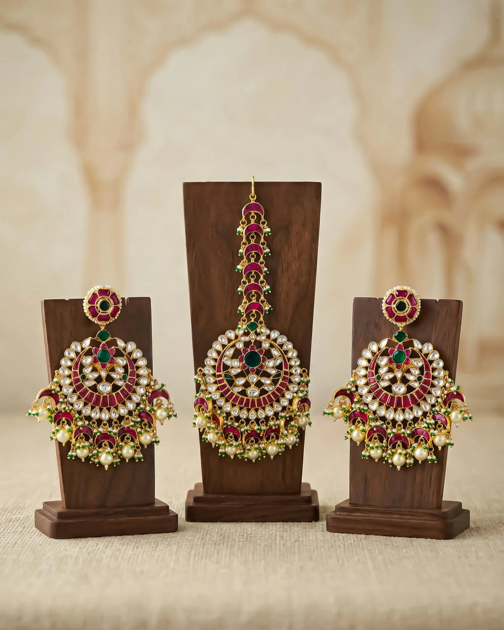 Grand Ruby Emerald Kundan Chandbali Earrings and Maang Tikka Set Bridal Jewelry