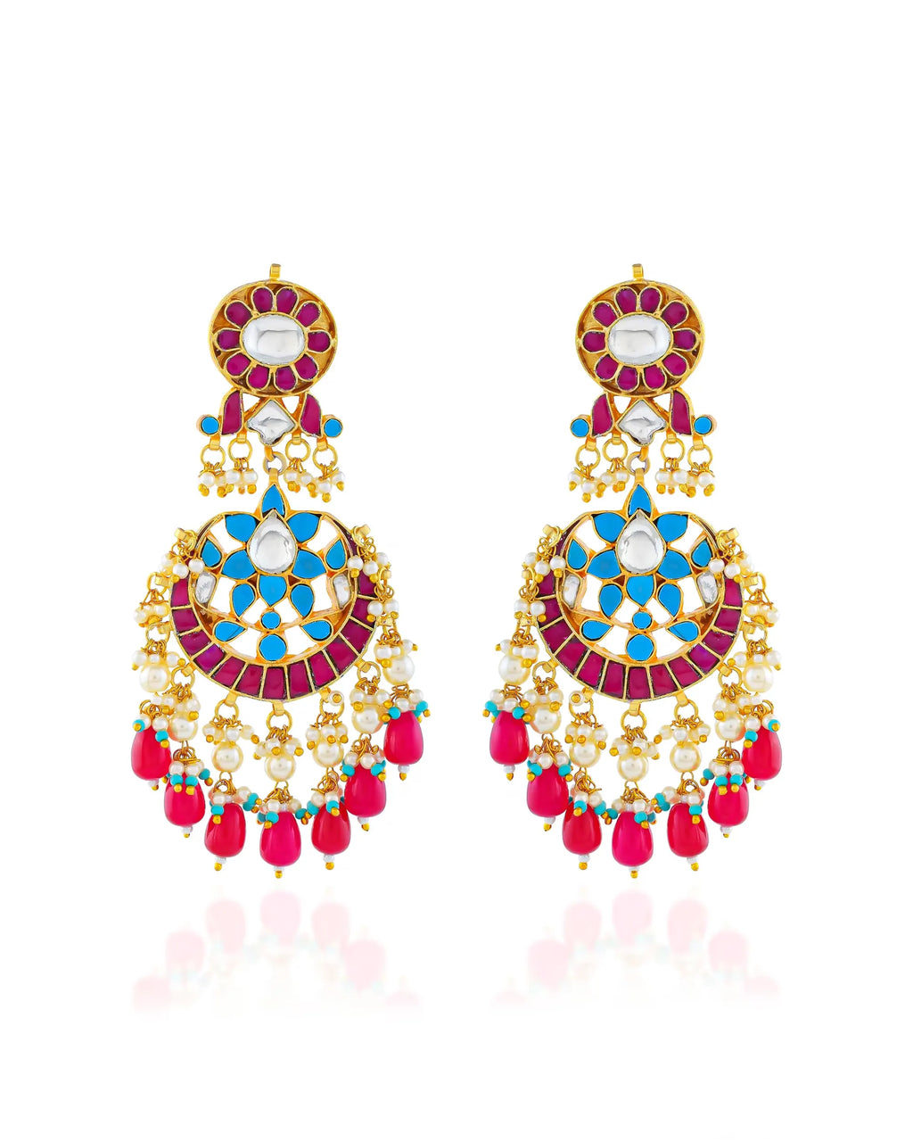 Kudan Meenakari Earring and Maang Tikka Set, Ruby Red Turquoise Bridal Jewelry