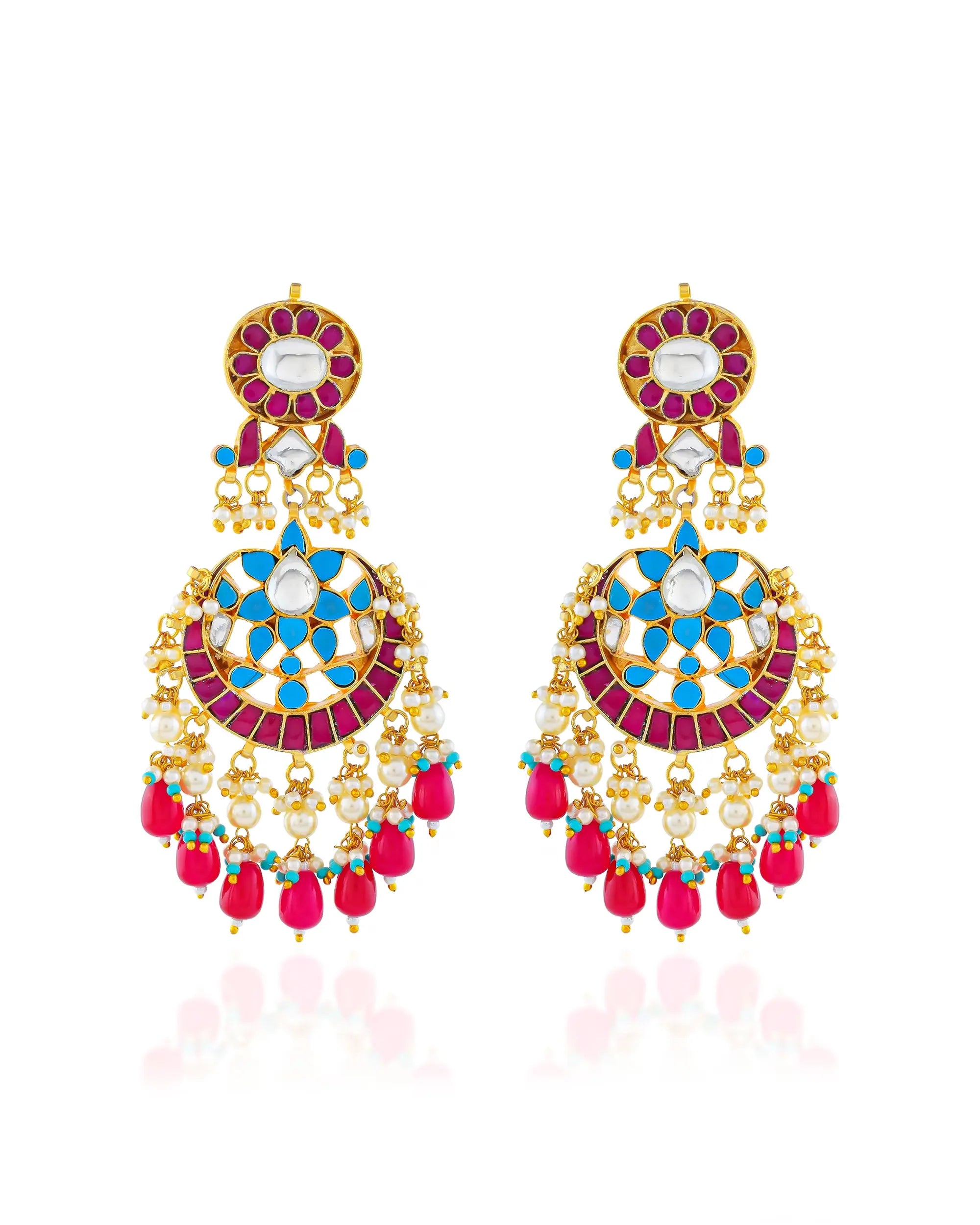 Kudan Meenakari Earring and Maang Tikka Set, Ruby Red Turquoise Bridal Jewelry