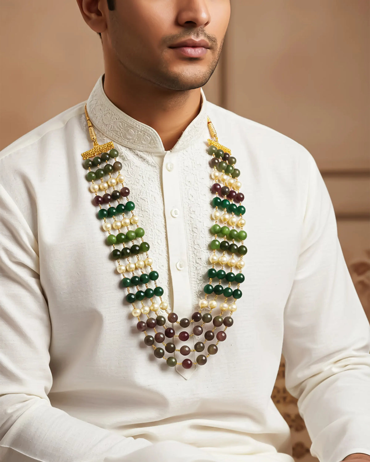 Layered Green Gemstone Pearl Groom Mala Necklace, Royal Jaipur Heritage Jewelry