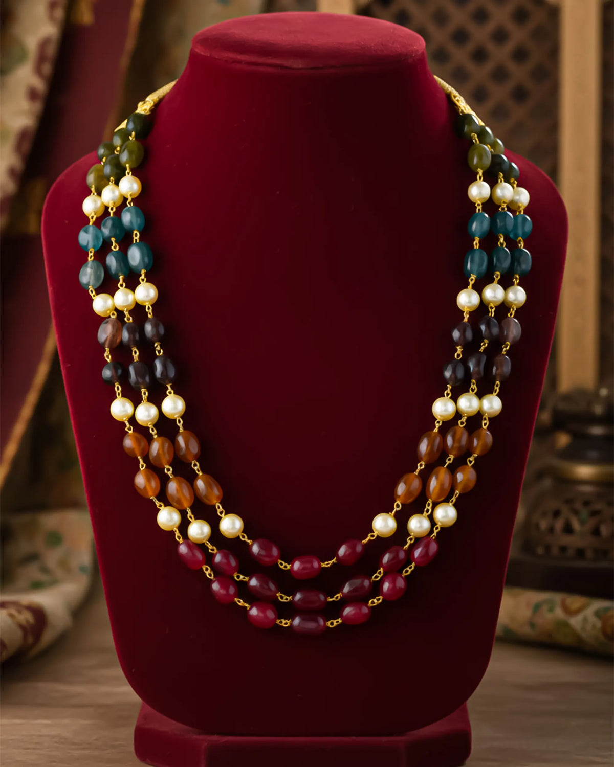 Multi-Color Gemstone Pearl Groom Mala Necklace, Indian Wedding Jewelry for Sherwani