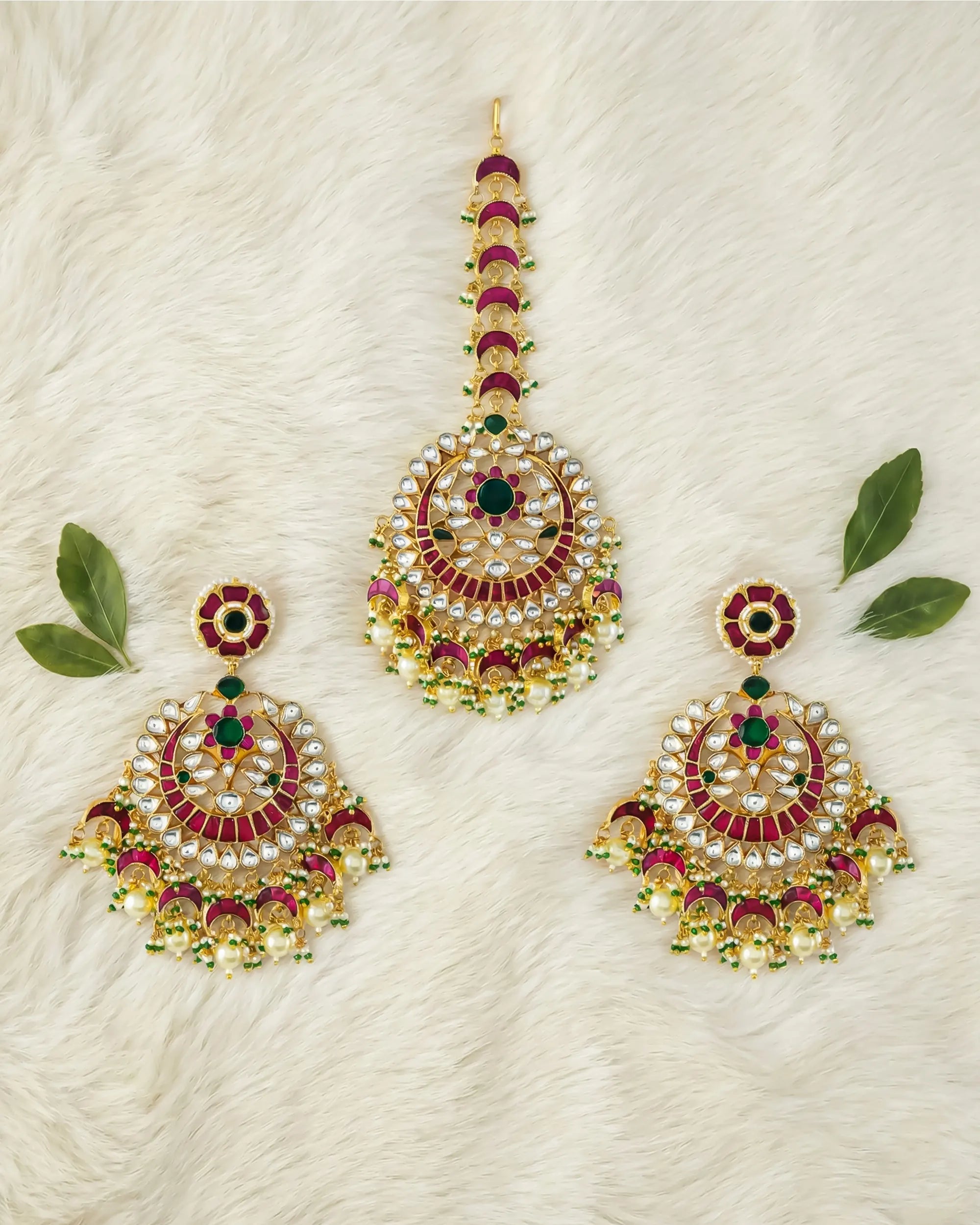 Grand Ruby Emerald Kundan Chandbali Earrings and Maang Tikka Set Bridal Jewelry