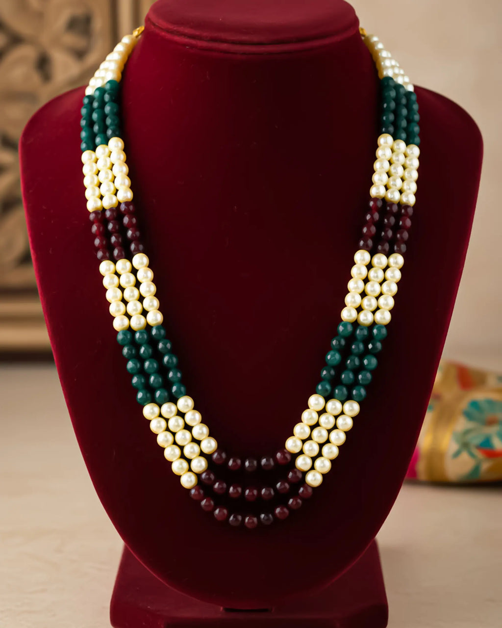 Layered Pearl, Maroon, Emerald Groom Mala, Indian Wedding Necklace for Men