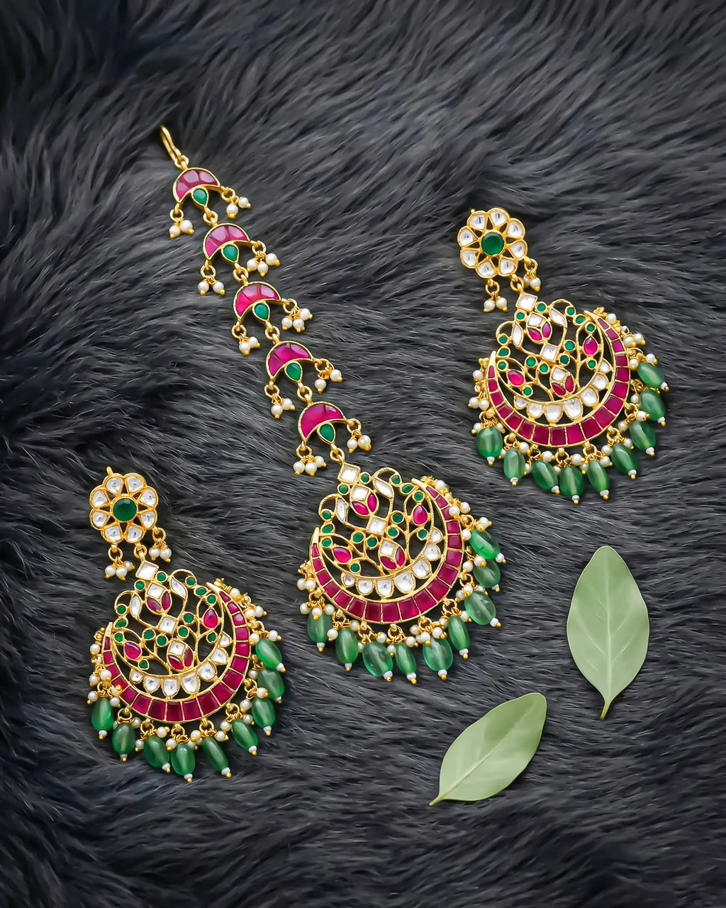Ruby Emerald Kundan Chandbali and Tikka Set, Indian Bridal Wedding Jewelry
