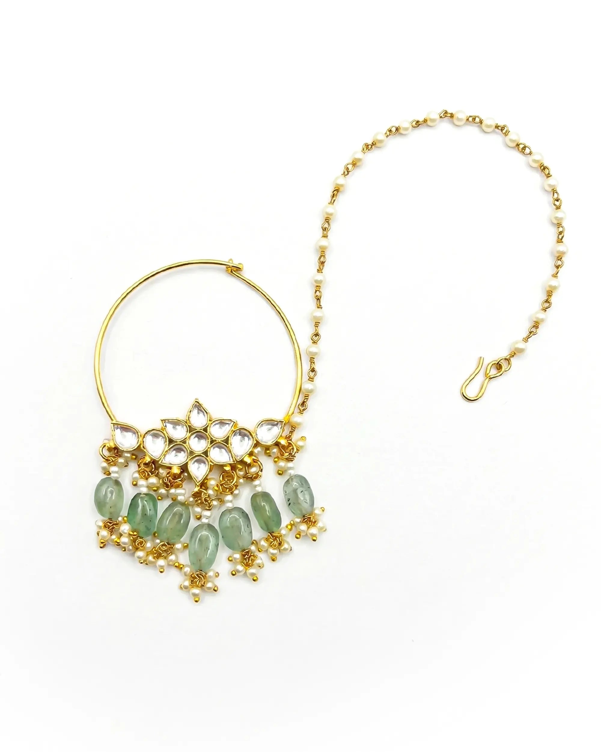 Floral Kundan Nath with Mint Green Drops, Pearl Chain Nose Ring, Indian Wedding Jewelry