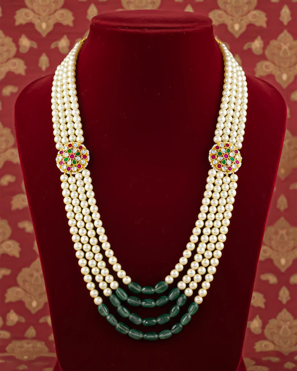 Men's Emerald Ruby Pearl Choker, Royal Jaipur Groom Necklace