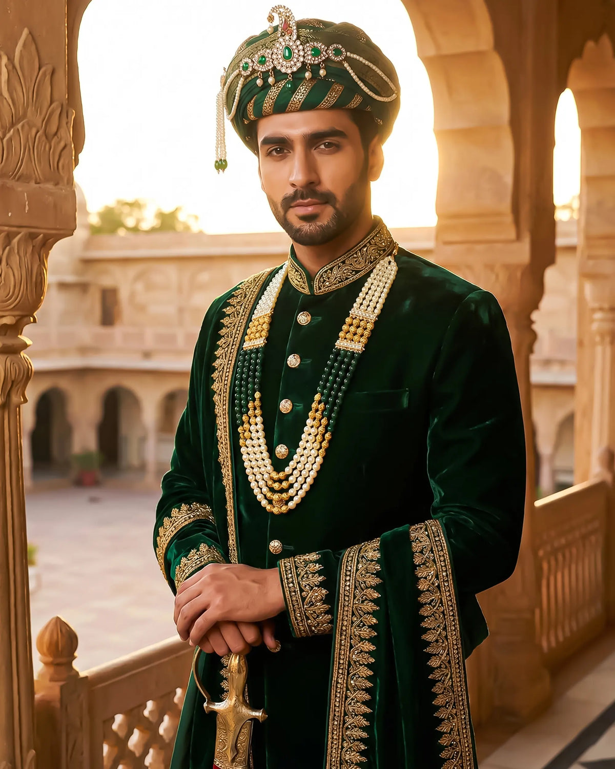 Royal Groom Sherwani Mala, Multi-Strand Pearl Emerald Necklace for Men