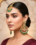 Ruby Emerald Kundan Chandbali and Tikka Set, Indian Bridal Wedding Jewelry